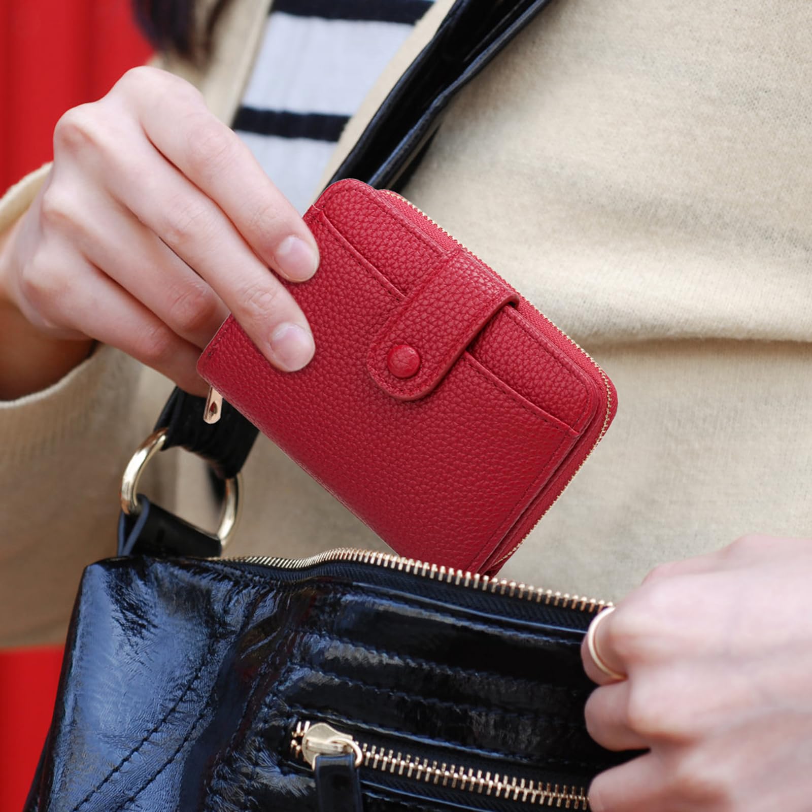 Mini Girl Bifold Credit Card Holder Wallet for Women - 16 Card Slots Zippered Card Case Organizer (Red) | Perfect for Everyday Use, Travel & Gift Giving