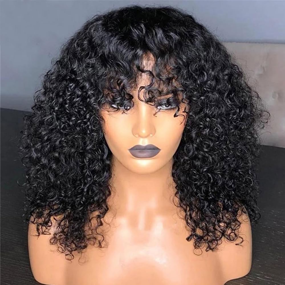 100% Brazilian Human Hair Wig with Bangs - 18 Inch Loose Curly Wigs for Black Women | 180 Density O Scalp Top Full Machine Made | Natural Color | Perfect for Daily Wear, Parties & Special Occasions
