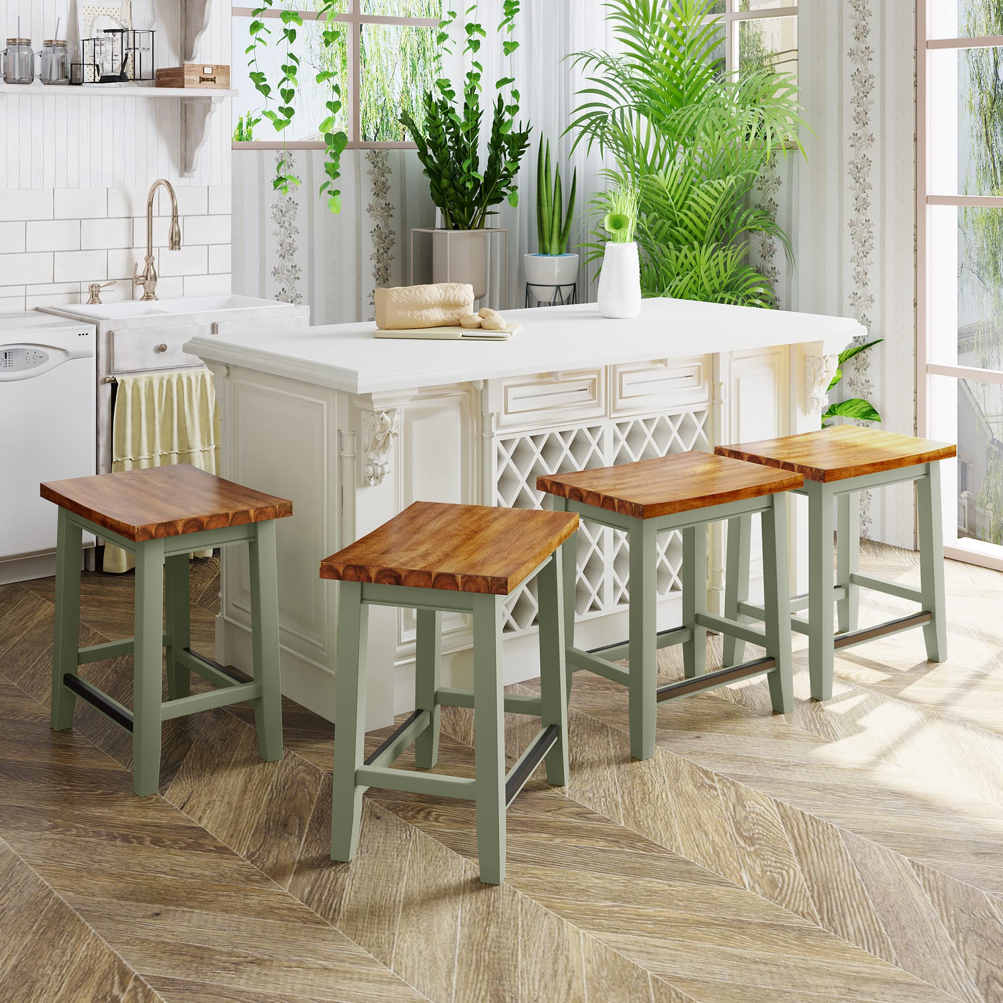 4-Piece Wooden Counter Height Dining Stools Set - Modern Green Kitchen Bar Stools for Dining Room, Kitchen Island & Living Room | Perfect for Breakfast Nook, Home Bar & Small Space Decor