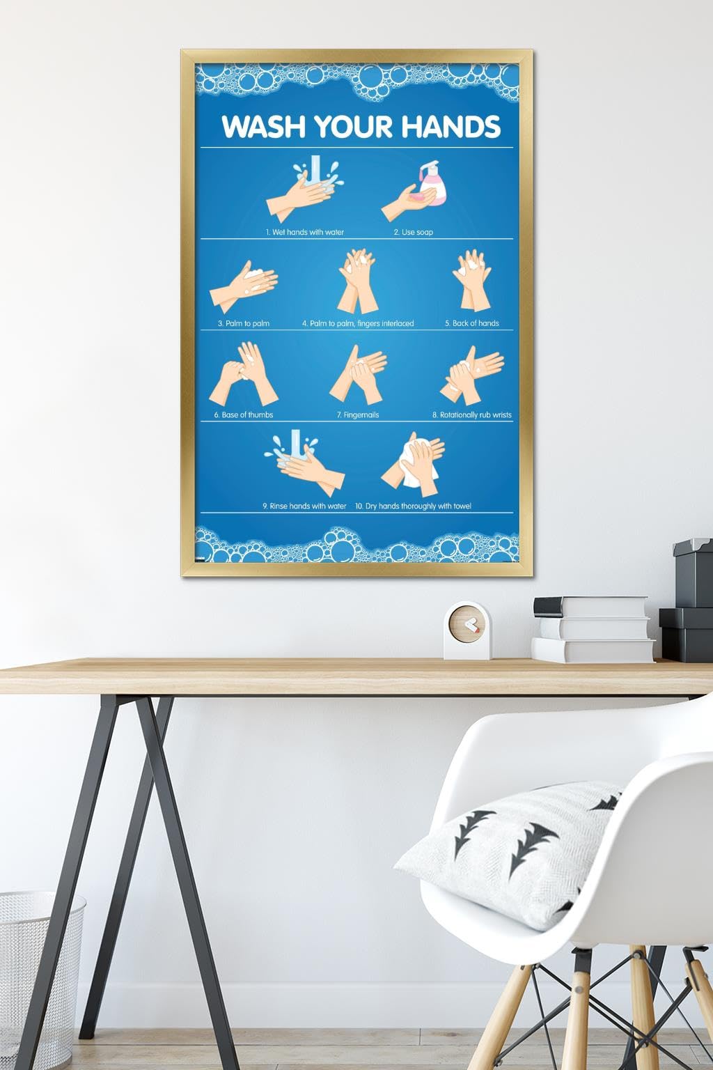 Trends International Wash Your Hands Wall Poster - 22.375 x 34 Inches Gold Framed Motivational Sign - Perfect for Bathroom, Kitchen, Office & School Decor