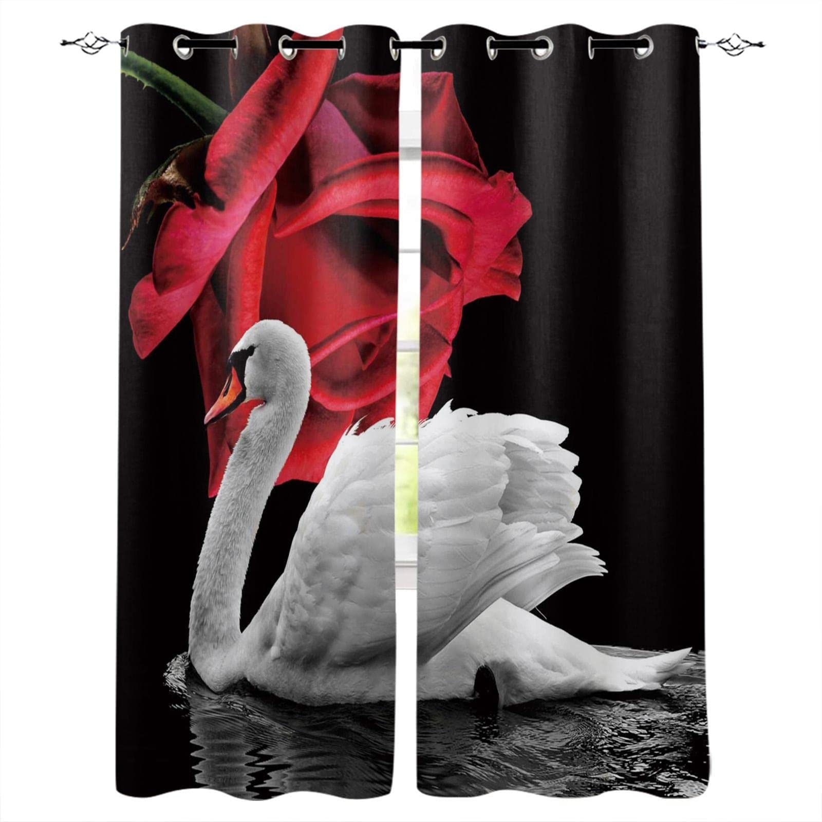 White Swan Patterned Printed Blackout Curtains - Red Rose Floral Design on Black Background, Thermal Insulated Eyelet Window Treatments for Bedroom & Living Room, 2 Panels (52