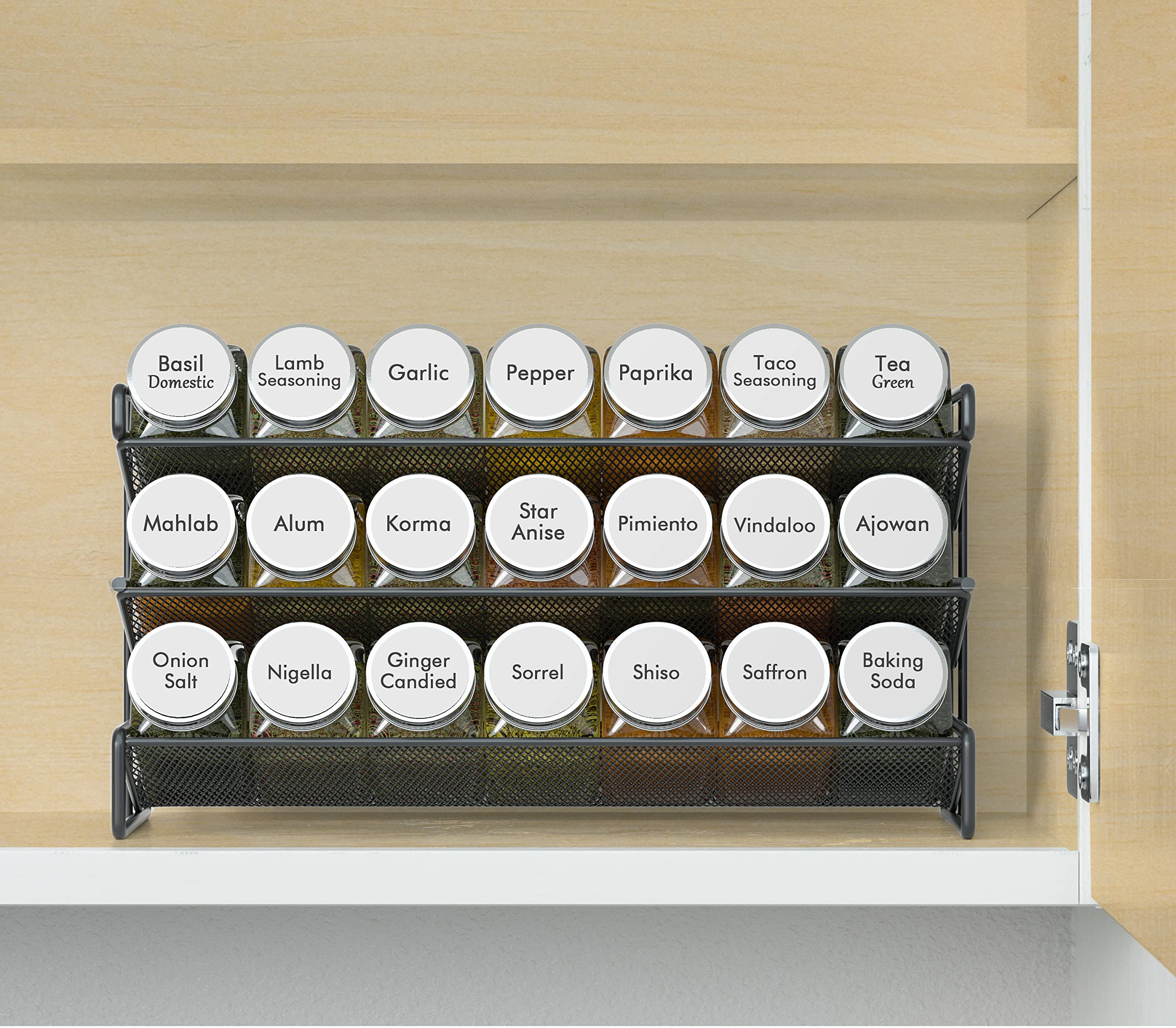 SpaceAid 21-Jar Spice Rack Organizer Set with 386 Spice Labels, Chalk Marker & Funnel - Wall Mount or Cabinet Storage for Kitchen, Pantry, Countertop - 13.4