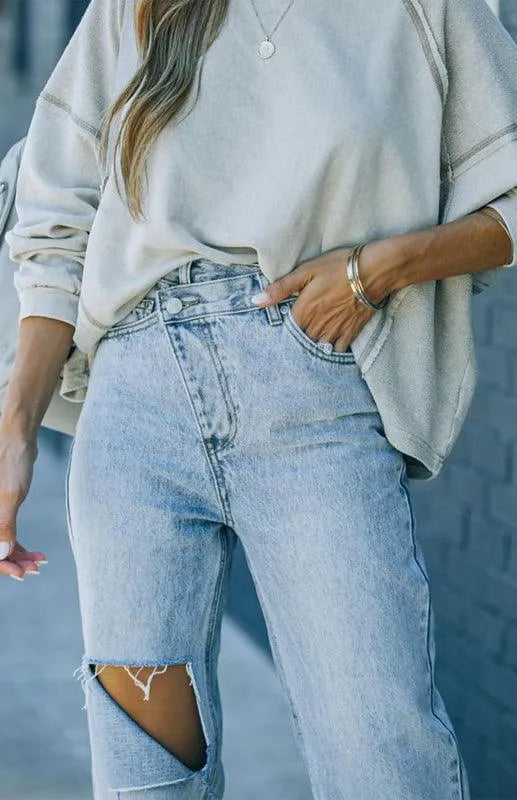 Stylish Women's Ripped Jeans with Irregular Waist - Trendy Distressed Denim Pants for Casual Outfits & Streetwear Fashion