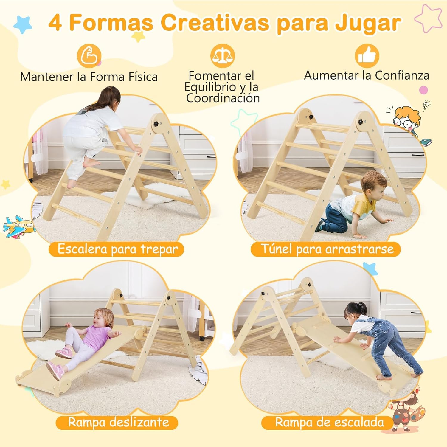 GOPLUS 4-in-1 Foldable Montessori Climbing Triangle with Slide & Ramp - Indoor Play Gym for Kids Ages 3-9 Years - 60KG Weight Capacity (Natural Wood) - Perfect for Home Playrooms, Daycares & Montessori Learning Spaces
