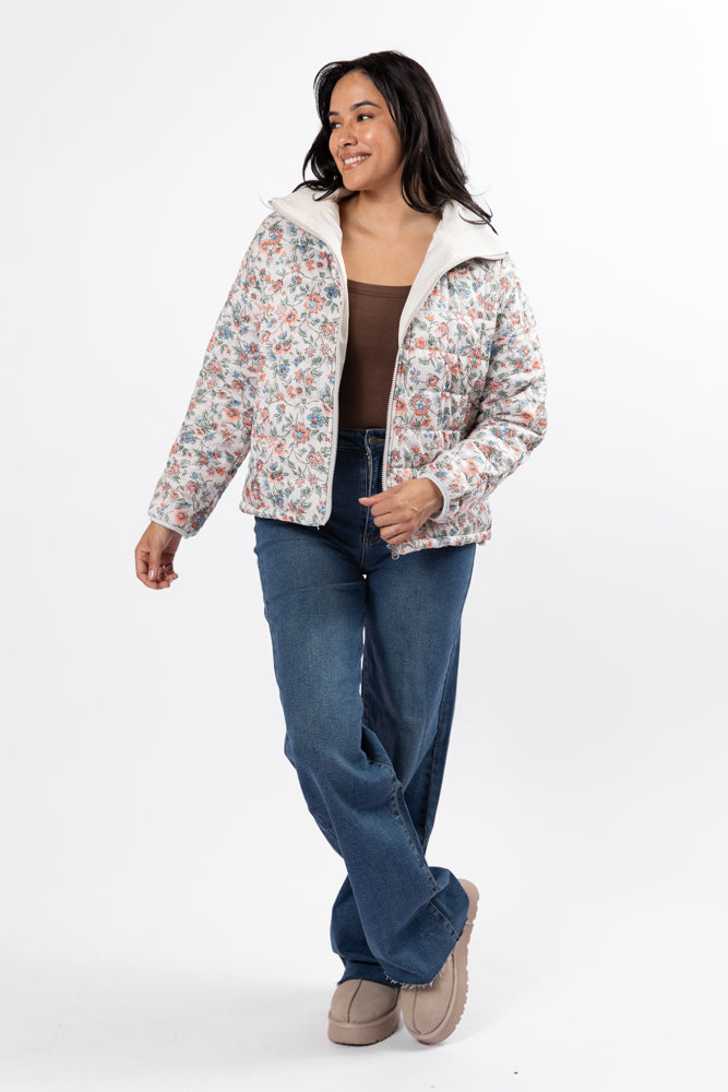 Vail Valley Pink Ivory Multi Floral Quilted Zip Up Jacket for Women - Lightweight Spring Outerwear for Hiking, Travel & Casual Wear - FINAL SALE
