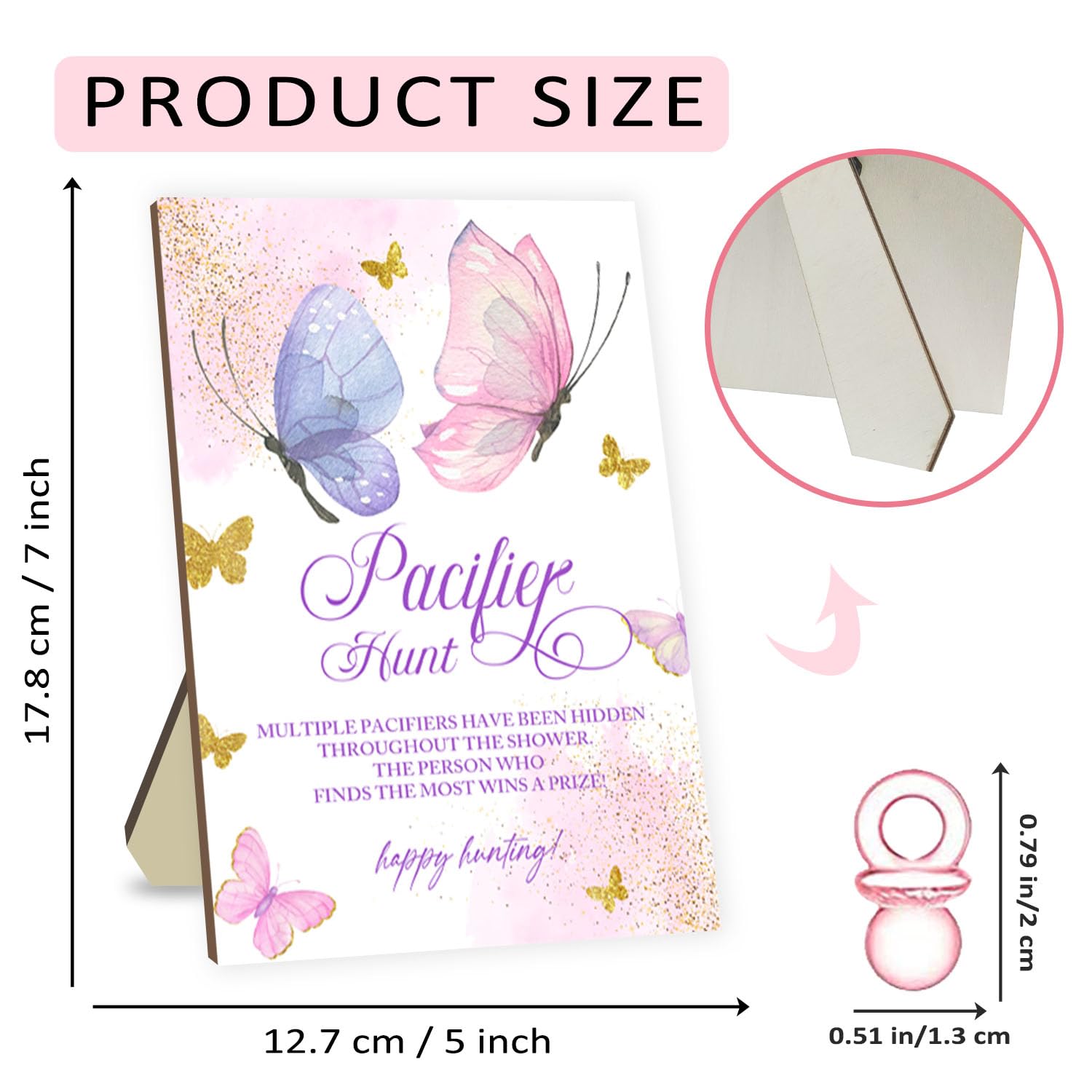 Baby Shower Pacifier Hunt Game Set - 50 Pink Acrylic Pacifiers with Fantasy Butterfly Design for Gender Reveal & Baby Shower Party Games - Perfect for Indoor/Outdoor Baby Celebrations & Nursery Decor