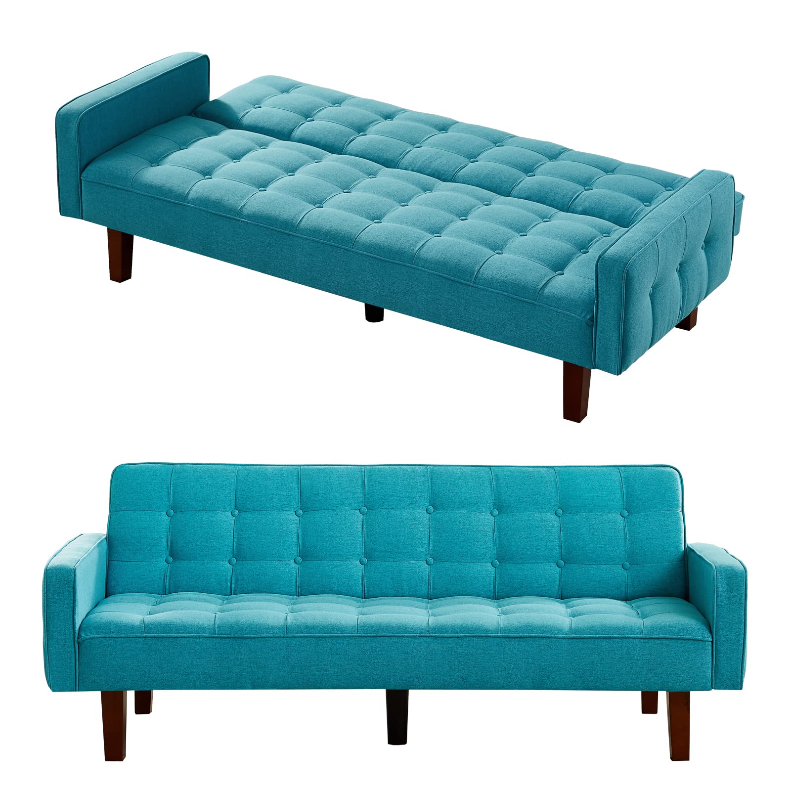 Setawix 3-Seater Convertible Linen Futon Sofa Bed - Button Tufted Reclining Sleeper Sofa with Arms for Living Room, Bedroom & Small Spaces (Blue) | Perfect for Studio Apartments, Guest Rooms & Multi-Functional Spaces