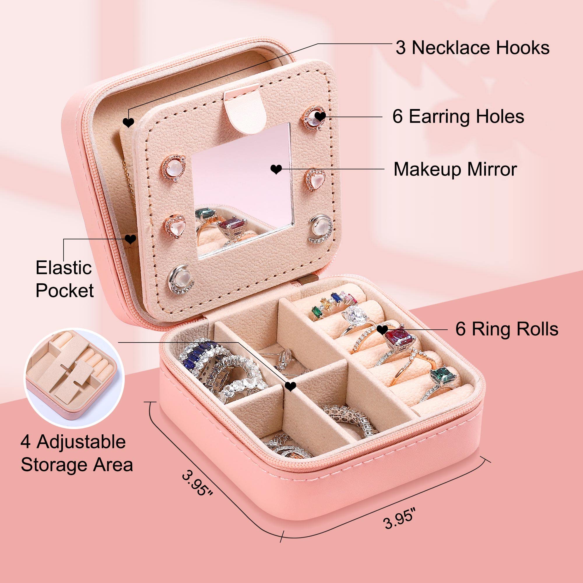 Elegant Pink Travel Jewelry Box for Women & Girls - Perfect Christmas Stocking Stuffer, Birthday Gift & Teen Girl Present - Compact Jewelry Organizer with Monogram Letter A - Ideal for Travel, Daily Use & Special Occasions