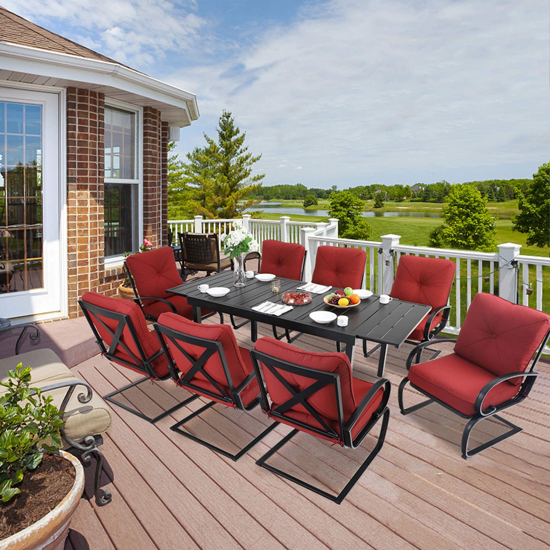 MFSTUDIO 9-Piece Outdoor Patio Dining Set with 8 Spring Motion Chairs & Cushions + 1 Expandable Rectangular Table - Burgundy Garden Furniture for Porch, Lawn, Backyard & Outdoor Entertaining