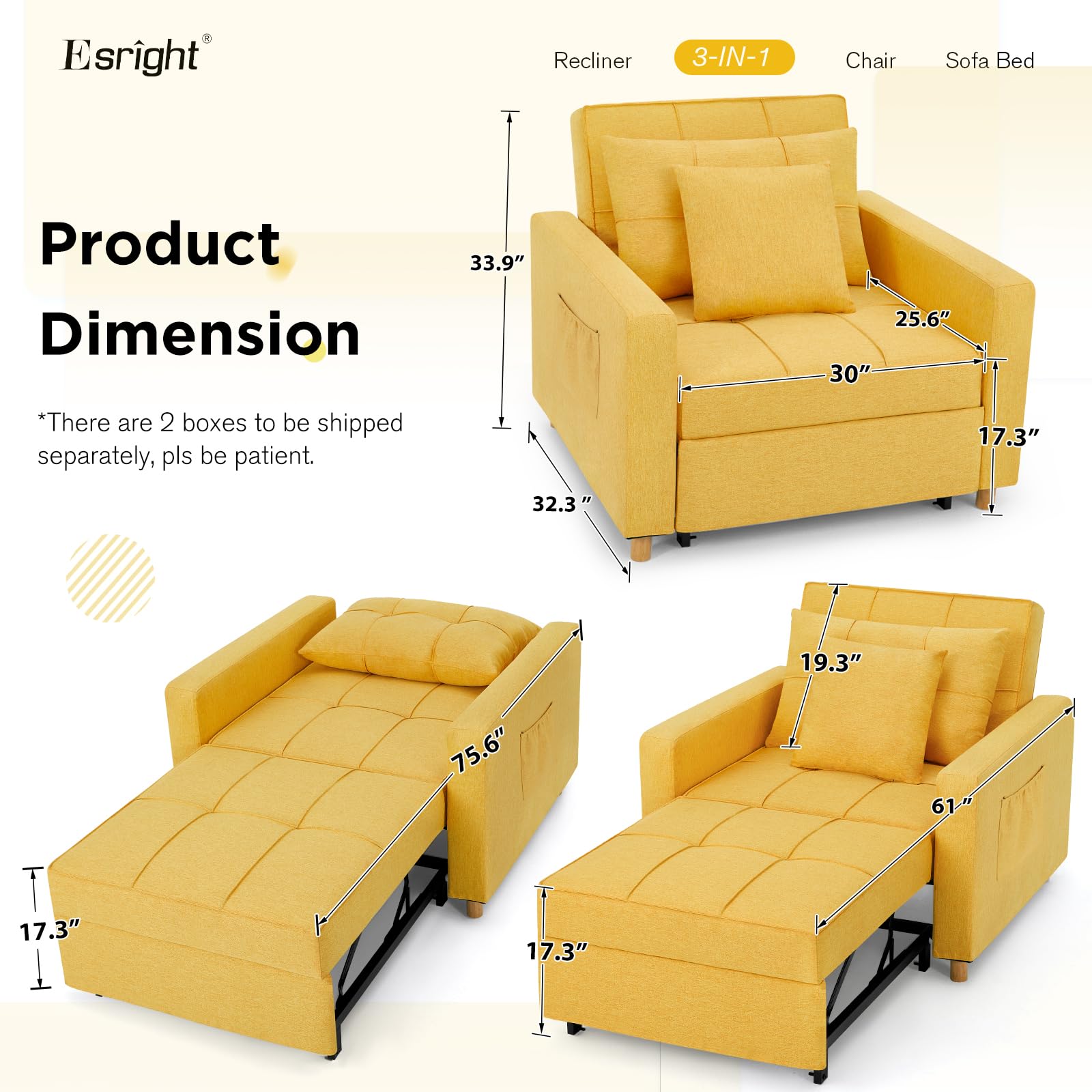Esright 3-in-1 Convertible Sleeper Chair with Adjustable Backrest - Memory Foam Pull Out Sofa Bed with 2 Pillows & Side Pocket - Space Saving Armchair for Small Apartments, Office, Guest Room (Yellow) - Perfect for Lounging, Napping & Extra Sleeping Space