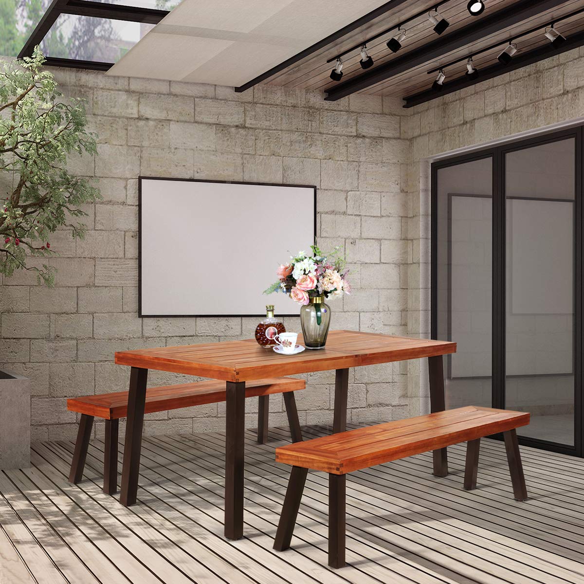 **Giantex Outdoor Patio Dining Table with Umbrella Hole - Acacia Wood Rectangular Picnic Table for Backyard, Garden, Lawn, Farmhouse - Rustic Brown Metal Legs - Perfect for BBQs, Parties & Outdoor Dining**