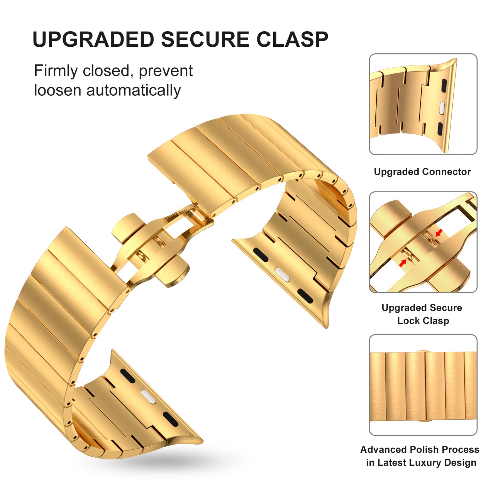 Fitlink Upgraded Stainless Steel Metal Watch Band for Apple Watch Series 6/SE/5/4/3/2/1 - Gold, Compatible with 38mm 40mm Bands, Perfect for Workouts, Office & Everyday Wear