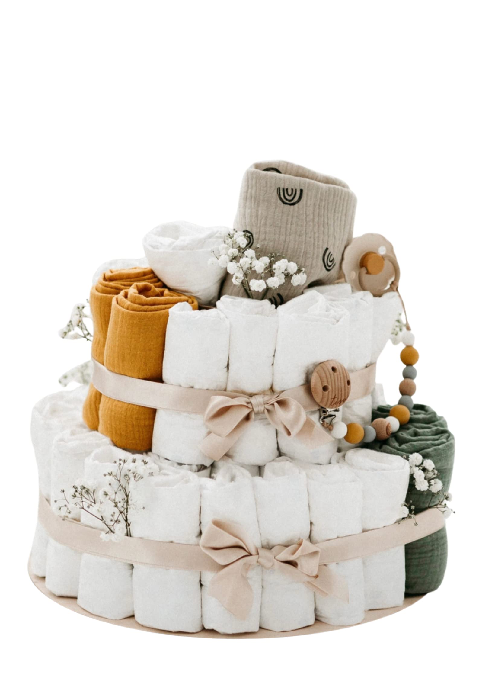 Organic Neutral Modern Diaper Cake for Baby Showers - Gender Neutral Baby Registry Gift for Boys & Girls - Perfect Welcome Baby Gift for Newborns & Parents - Great for Baby Showers, Gender Reveals & Nursery Decor