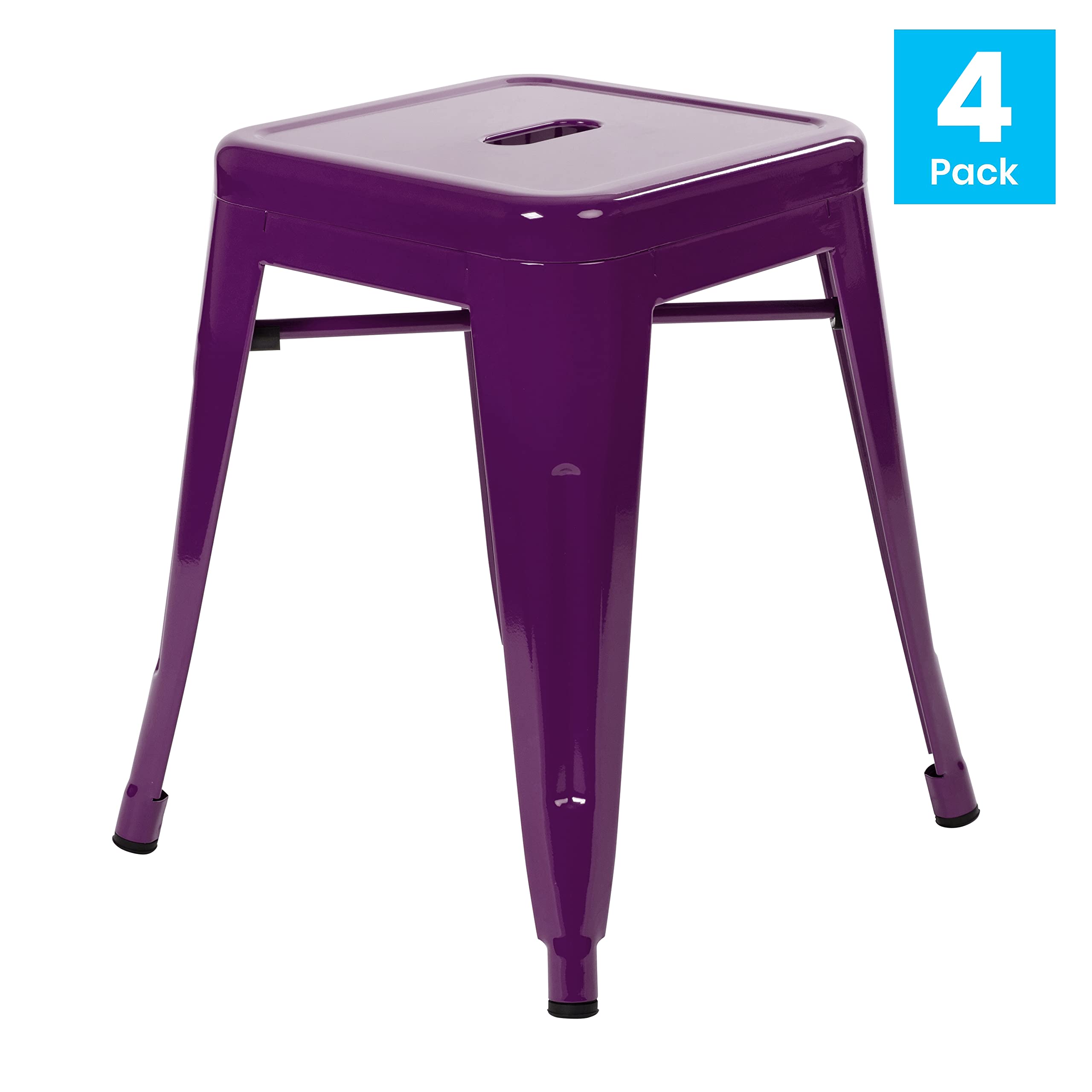 EMMA + OLIVER 18 Inch Stackable Metal Bar Stools - Set of 4 Purple Dining Chairs for Kitchen Island, Breakfast Nook & Small Space Decor | Indoor Counter Height Stools