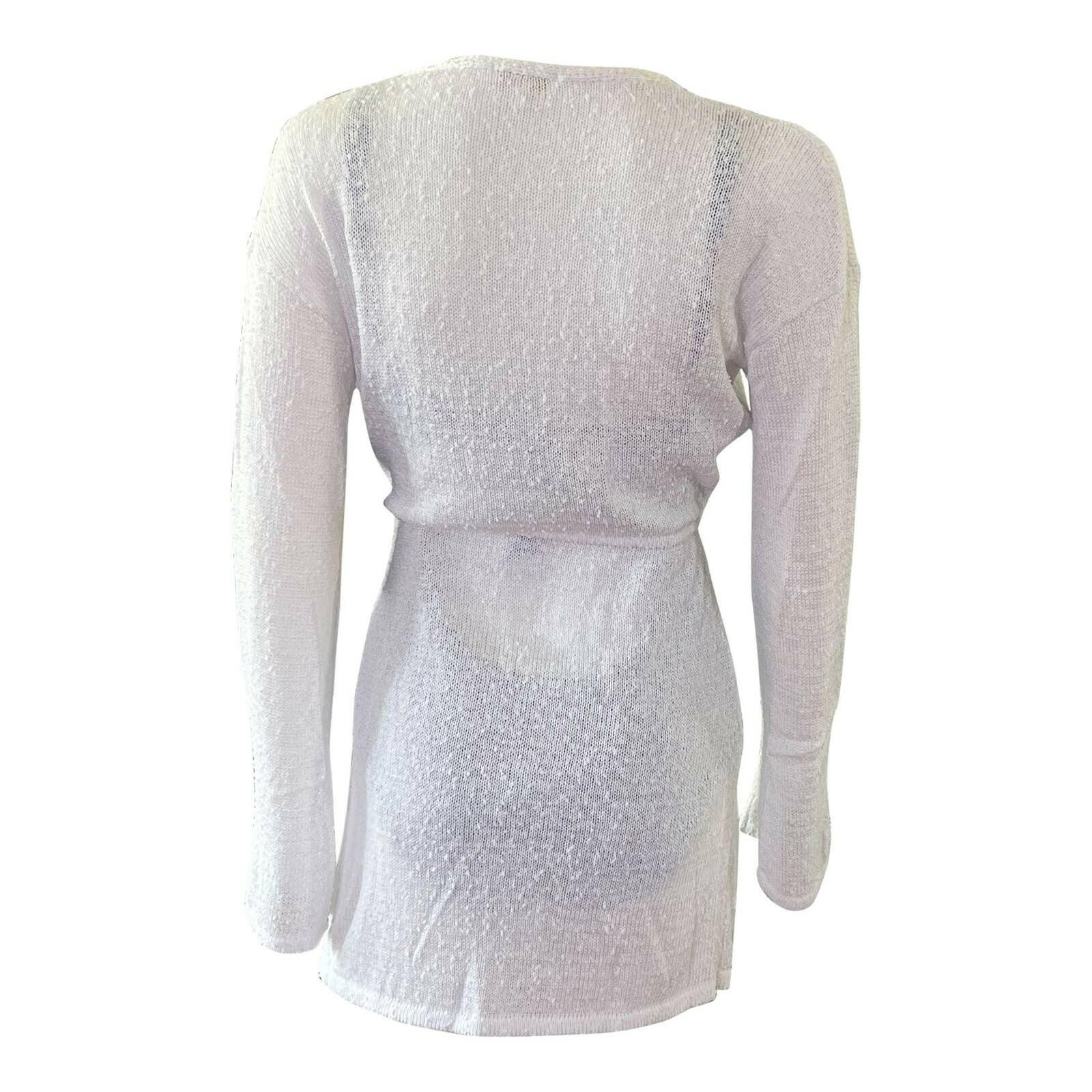 Women's Long Sleeve V-Neck Pullover Sweater - Soft Knit Beach Cover Up with Waist Tie - White Casual Loungewear for Vacation & Seaside Outings
