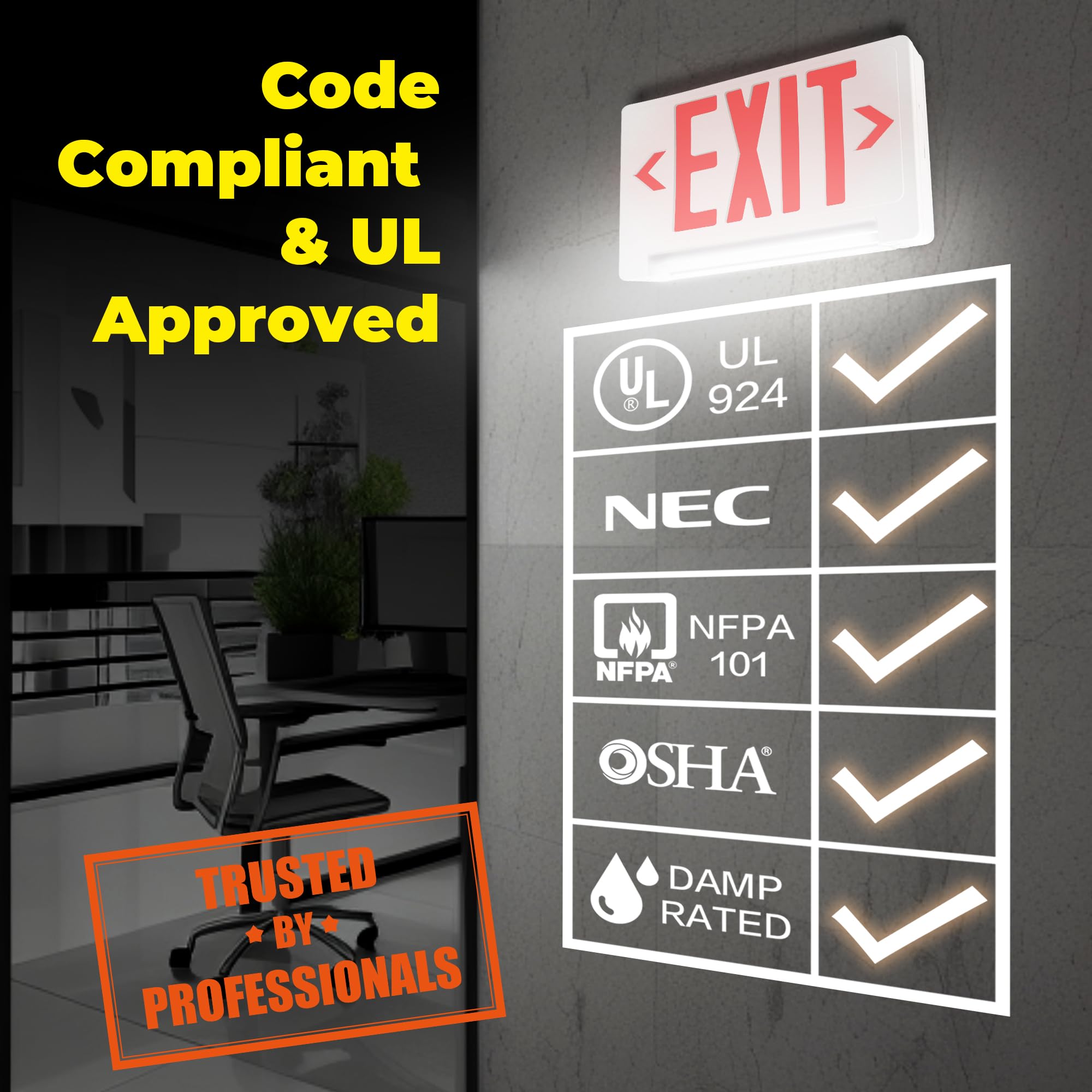 LFI Lights Compact Red Exit Sign with Emergency LED Light Pipe - Adjustable Light Bar, Battery Backup & Hardwired, UL Listed for Business Safety Compliance (2 Pack) - Perfect for Offices, Warehouses & Commercial Buildings
