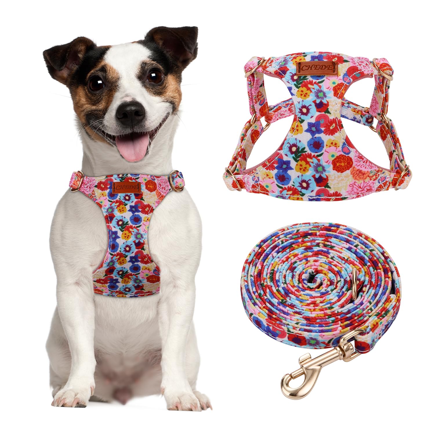 CHEDE No Pull Floral Pattern Dog Harness - Lightweight Adjustable Soft Pet Vest with Leash Set for Small & Medium Dogs - Perfect for Walking, Training & Outdoor Adventures