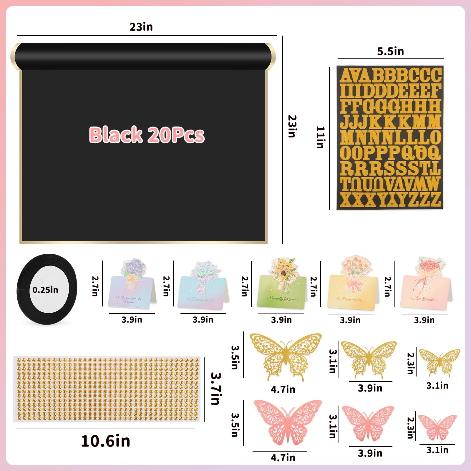 BESUPERT 52Pcs Flower Bouquet Wrapping Paper Kit - 20 Sheets Black Waterproof Floral Wrapping Paper, Letter & Rhinestone Stickers, 24 Gold & Pink Butterflies, 5 Greeting Cards, Black Ribbon with Gold Edge - Perfect for DIY Floral Arrangements, Wedding Bouquets, Gift Wrapping & Party Decorations