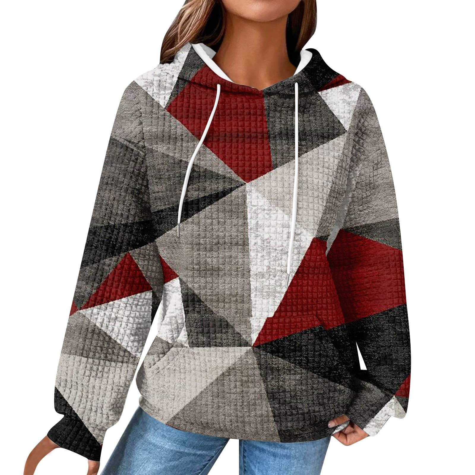 Stylish Women's Long Sleeve Waffle Pullover Top with Pocket - Loose Fit Printed Drawstring Shirt for Casual Wear, Fall Outfits & Cozy Loungewear