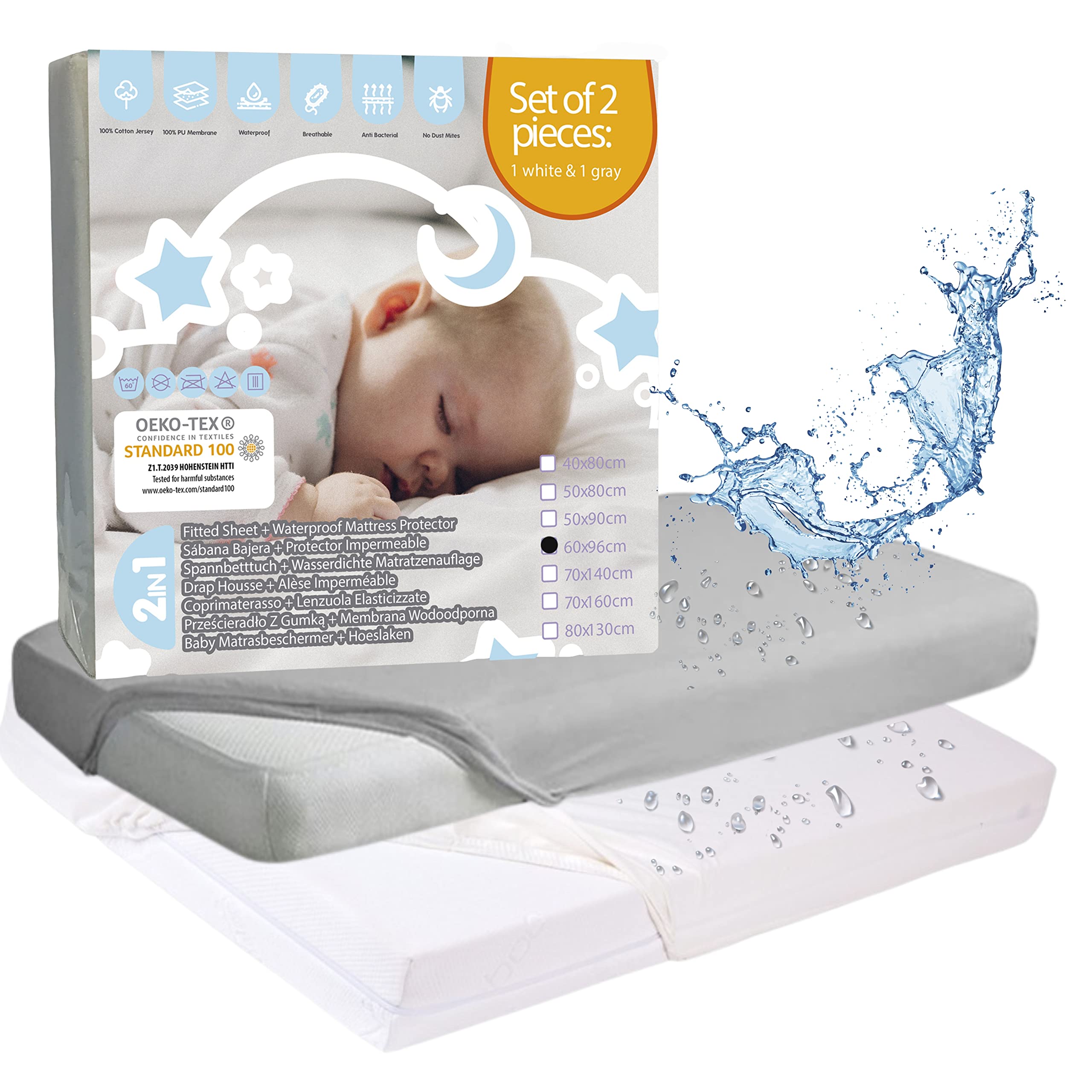 Bisoo 2-Pack Waterproof Mini Crib Sheets Set (24x38x5 Inches) - 100% Cotton Jersey Fitted Sheet + Mattress Protector - OEKO-TEX Certified 160GSM - White & Gray - Perfect for Portable Playard, Pack & Play, Nursery & Travel
