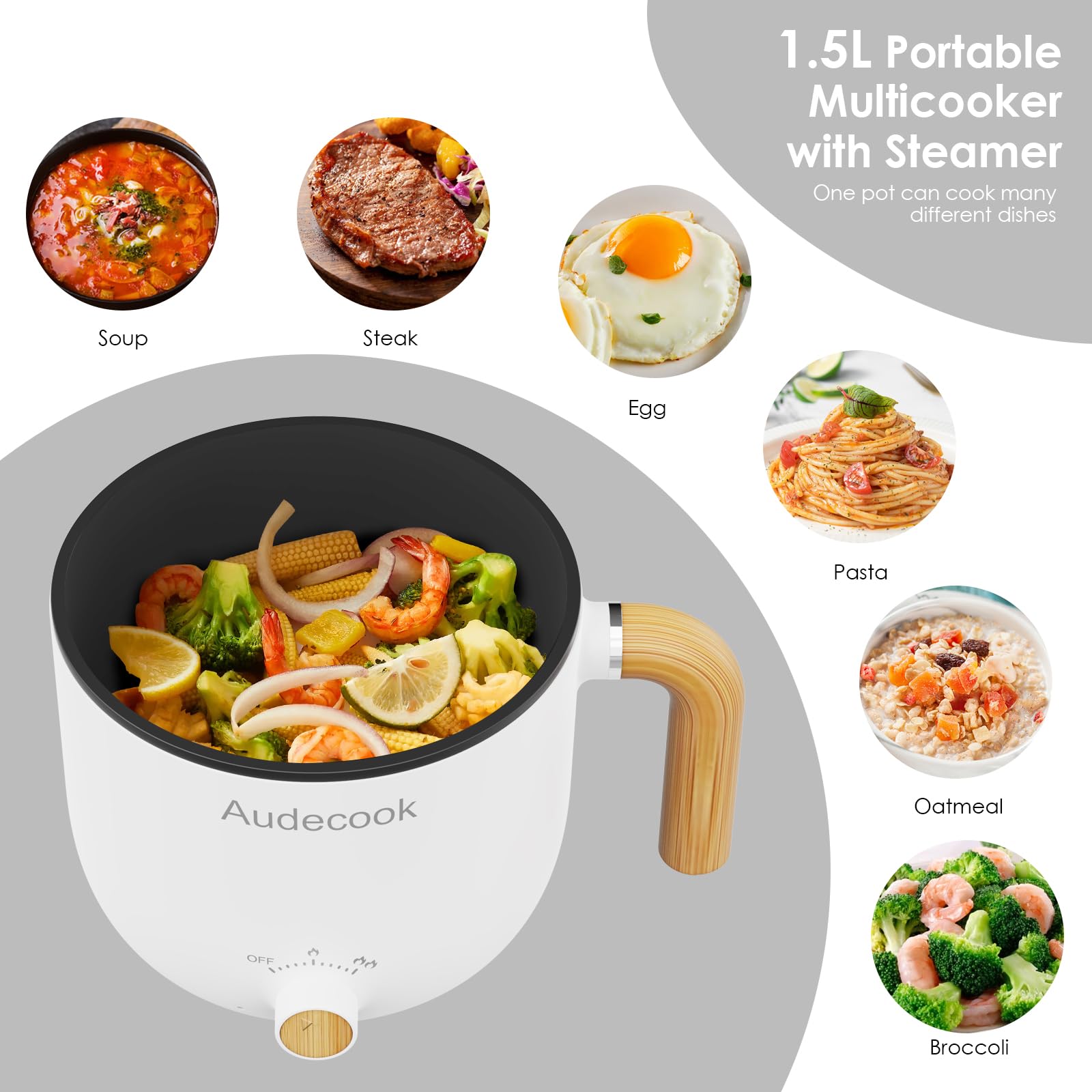 Audecook 1.5L Electric Hot Pot with Steamer - Portable Nonstick Noodle Cooker & Travel Skillet - Dual Power Control for Ramen, Pasta, Soup, Steak, Eggs - Perfect for Dorm, Office, Camping & Small Kitchen Cooking