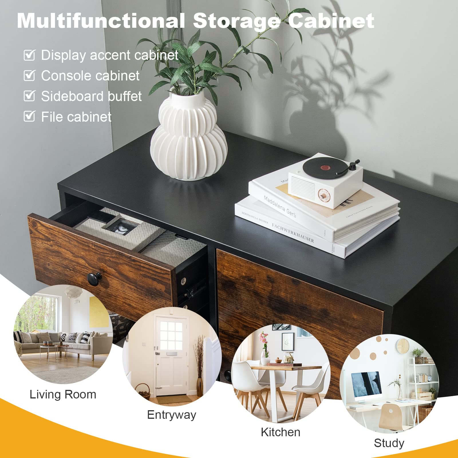 Tangkula 3-Drawer Storage Cabinet with Door - Industrial Wood Accent Sideboard with Adjustable Shelf, Retro Farmhouse Buffet Cabinet for Kitchen, Living Room, Dining Room | Perfect for Home Organization & Stylish Storage Solution