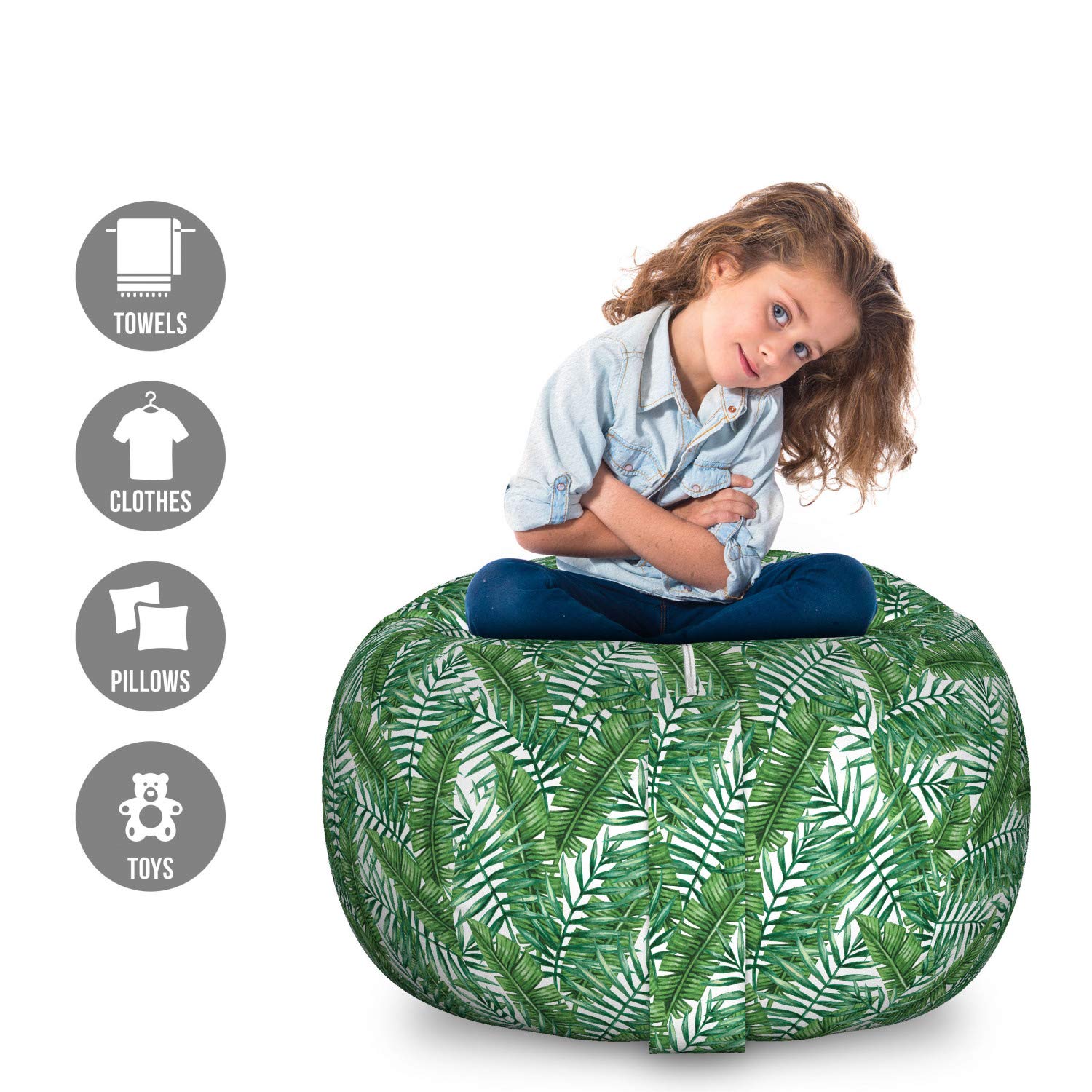 Ambesonne Jungle Leaves Pattern Storage Toy Bag Chair - Large Washable Stuffed Animal Organizer with Green Frond Design | Perfect for Kids' Room Organization, Playroom Storage & Nursery Decor