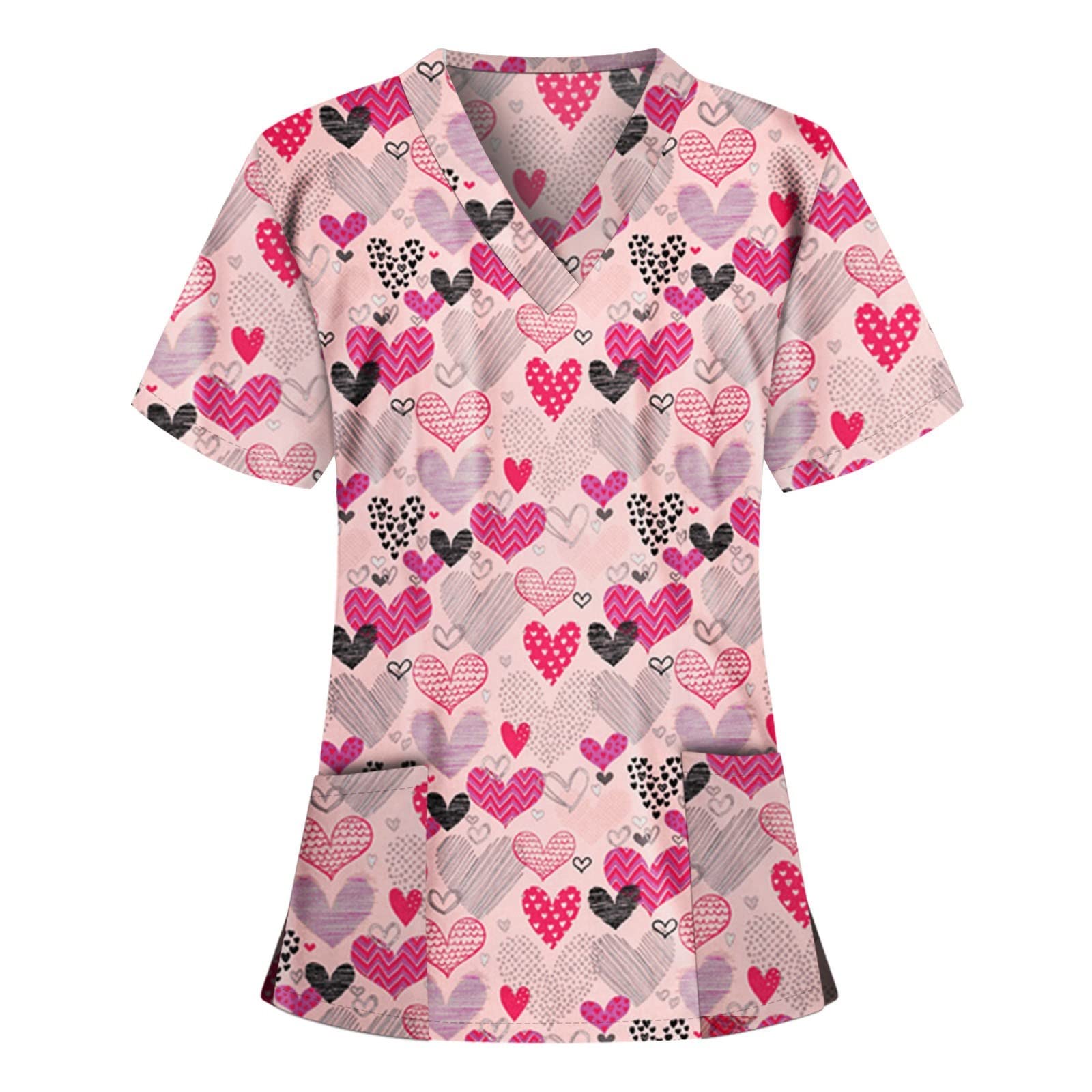 Women's Short Sleeve V-Neck Printed Scrub Top with Pockets - Comfortable Nursing Uniform & Medical Shirt for Healthcare Workers | Perfect for Hospitals, Clinics and Nursing Shifts