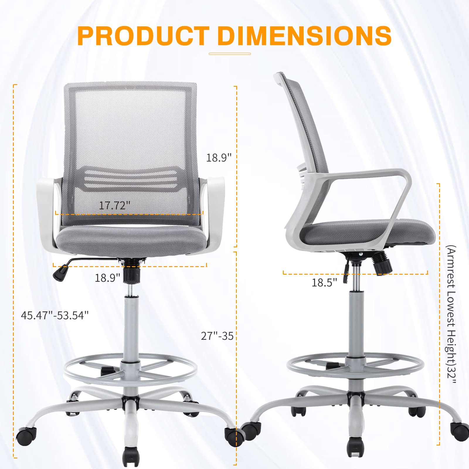 OLIXIS Adjustable Drafting Chair - Ergonomic Tall Office Chair with Foot Ring, Standing Desk Support & Breathable Mesh Seat - Swivel Rolling Stool for Artists, Architects & Home Office Use