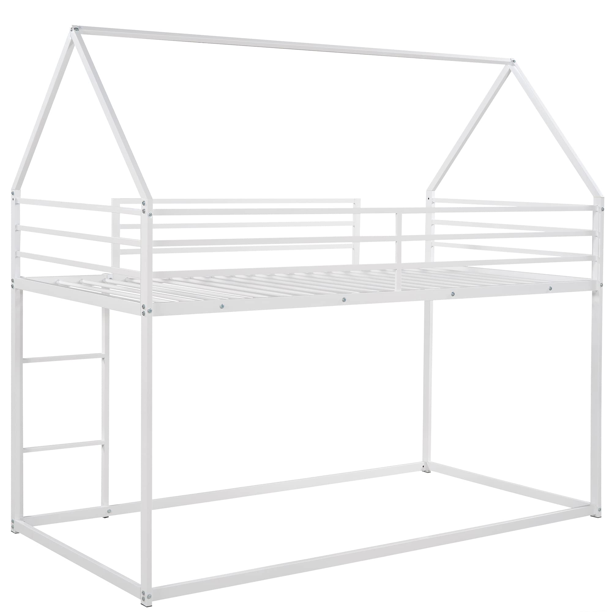Twin Over Twin Metal Bunk Bed with Built-in Ladder - Sturdy Kids & Toddler Bunk Bed Frame - White House Style with Mosquito Net Option - Perfect for Small Bedrooms, Shared Kids Rooms & Vacation Homes