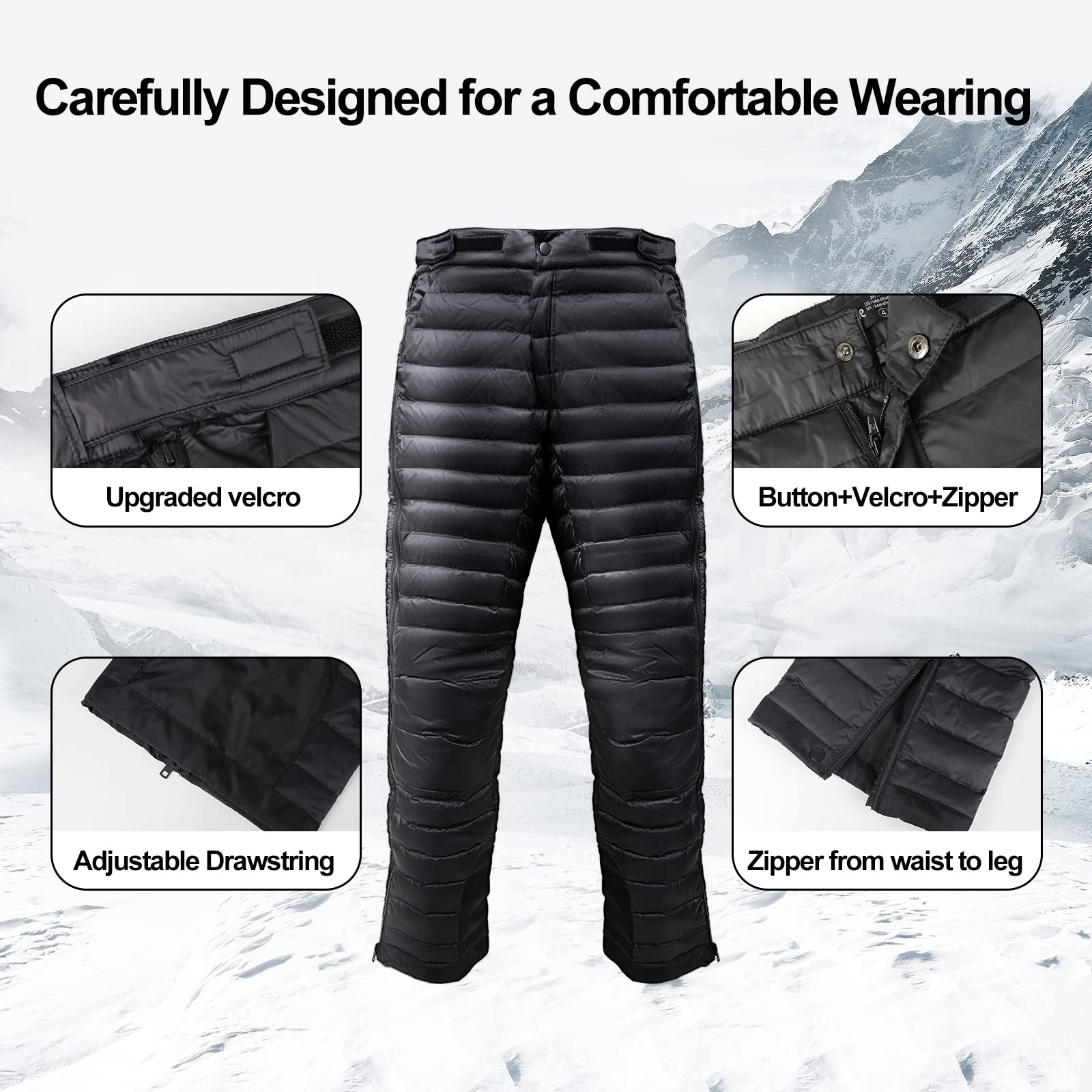 Men's Ultra Warm Winter Down Pants - Waterproof Insulated Snow Pants for Skiing, Hiking & Outdoor Activities