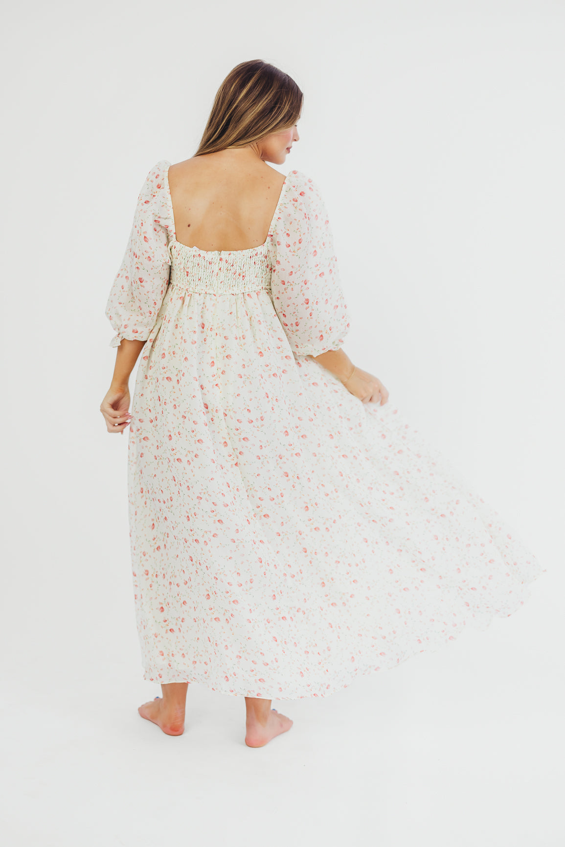 Elegant Ivory Floral Smocked Maxi Dress for Women - Bump Friendly Maternity & Inclusive Sizing (S-2XL) - Perfect for Summer Weddings, Beach Vacations & Special Occasions