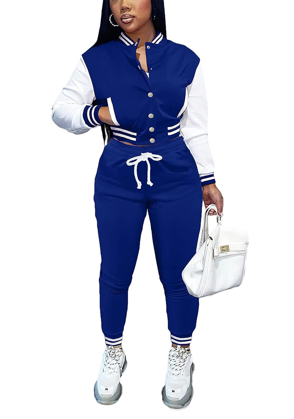 Women's Two Piece Varsity Outfit Set - Long Sleeve Baseball Jacket & Casual Sweatpants | Sporty Chic Streetwear for School, Game Day & Casual Outings