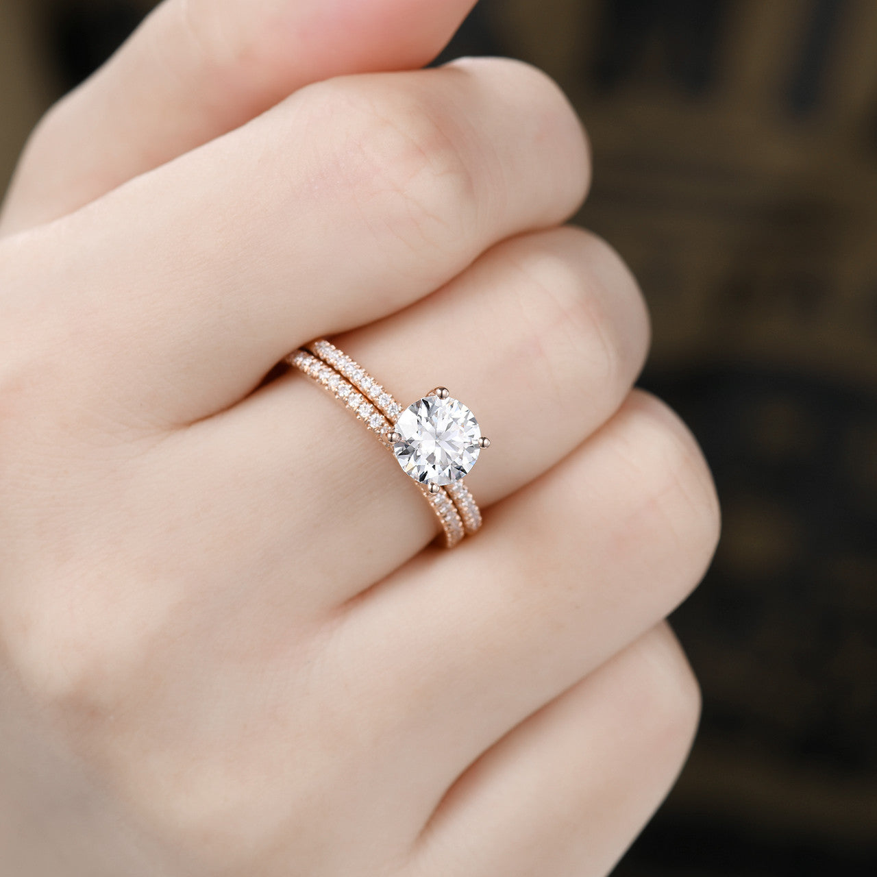 Moissanite Engagement Ring & Wedding Band Set - 7mm Round Solitaire Eternity Ring in 14K Rose Gold (D-E-F Colorless) | Perfect for Proposals, Anniversaries & Bridal Jewelry