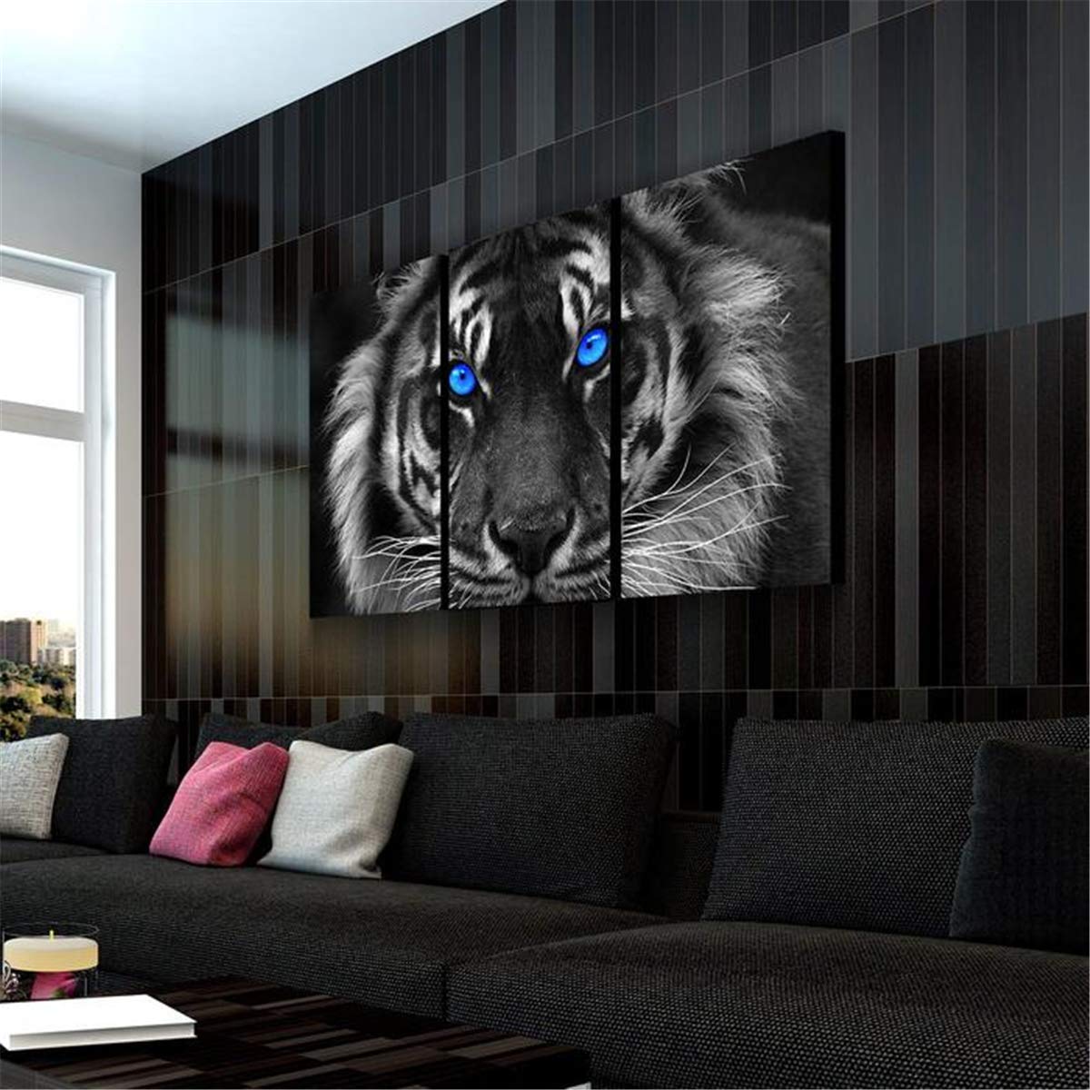 JESC 3 Panel Blue Eyes Tiger Canvas Wall Art - Black & White Animal Painting for Living Room & Bedroom Decor - Stretched Wooden Frame Ready to Hang (22x16 Inches) - Perfect for Modern Home, Office & Gift Giving