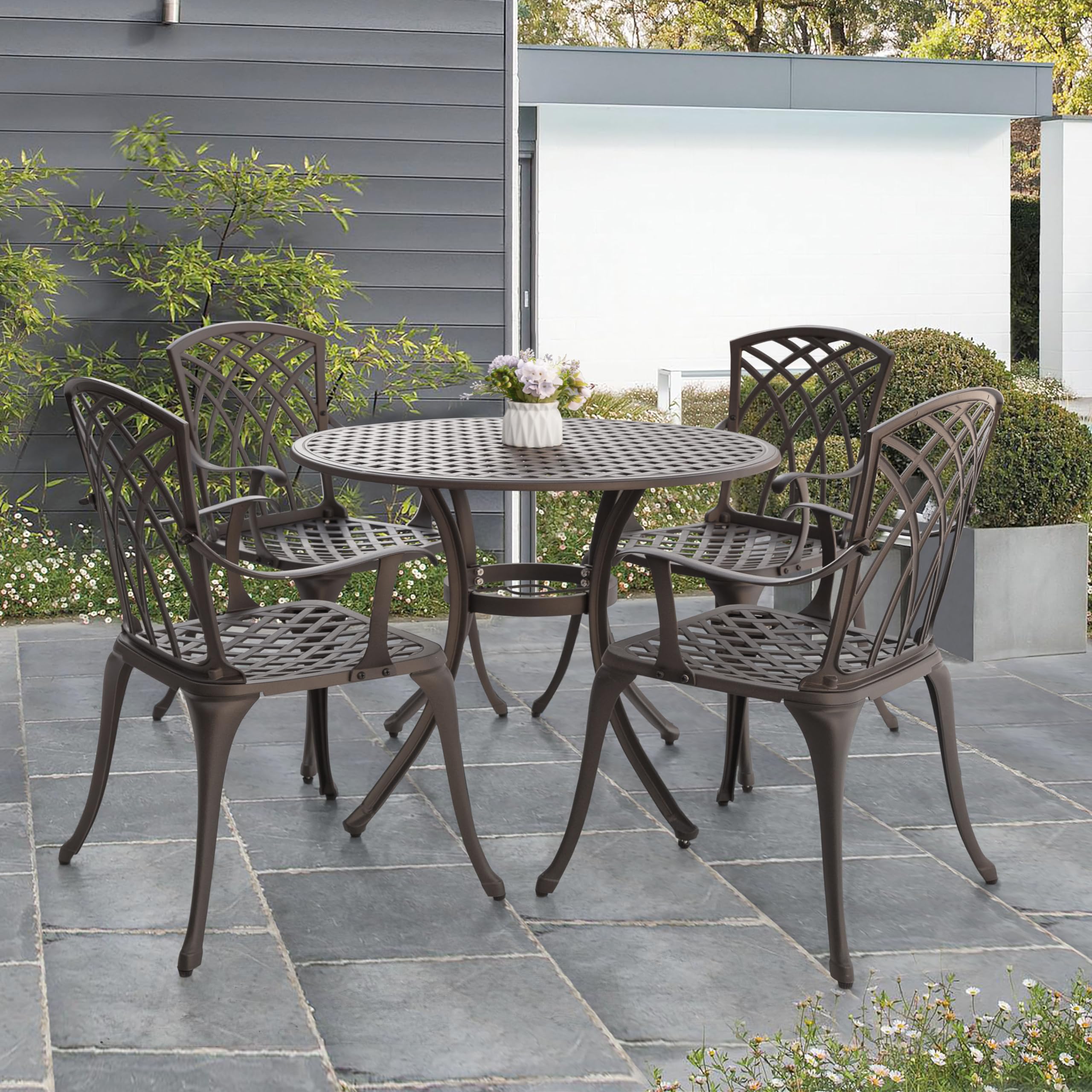 NUU GARDEN 5-Piece Outdoor Patio Dining Set - All-Weather Round Cast Aluminum Table with 1.97