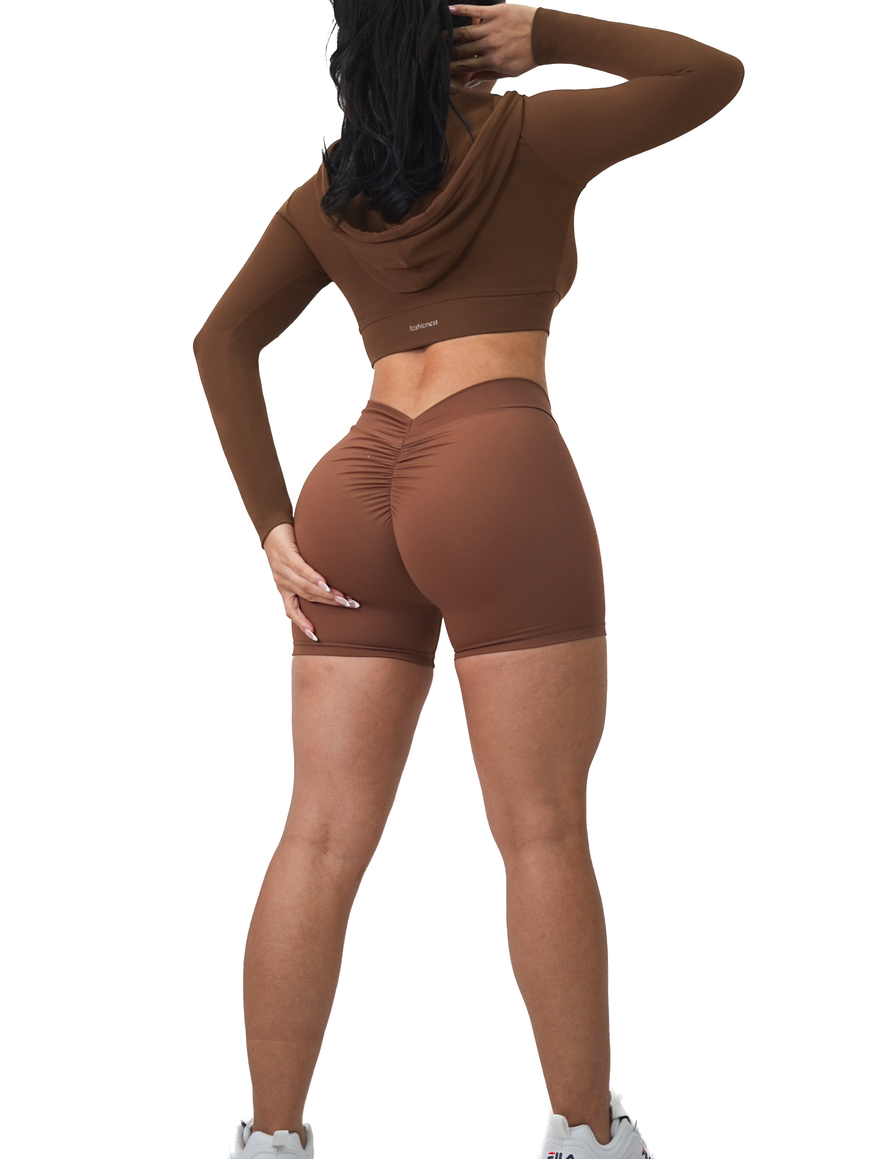 Low Back Scrunch Shorts for Women - Sweet Brown High Waisted Yoga Shorts - Workout, Running, Lounge & Casual Wear