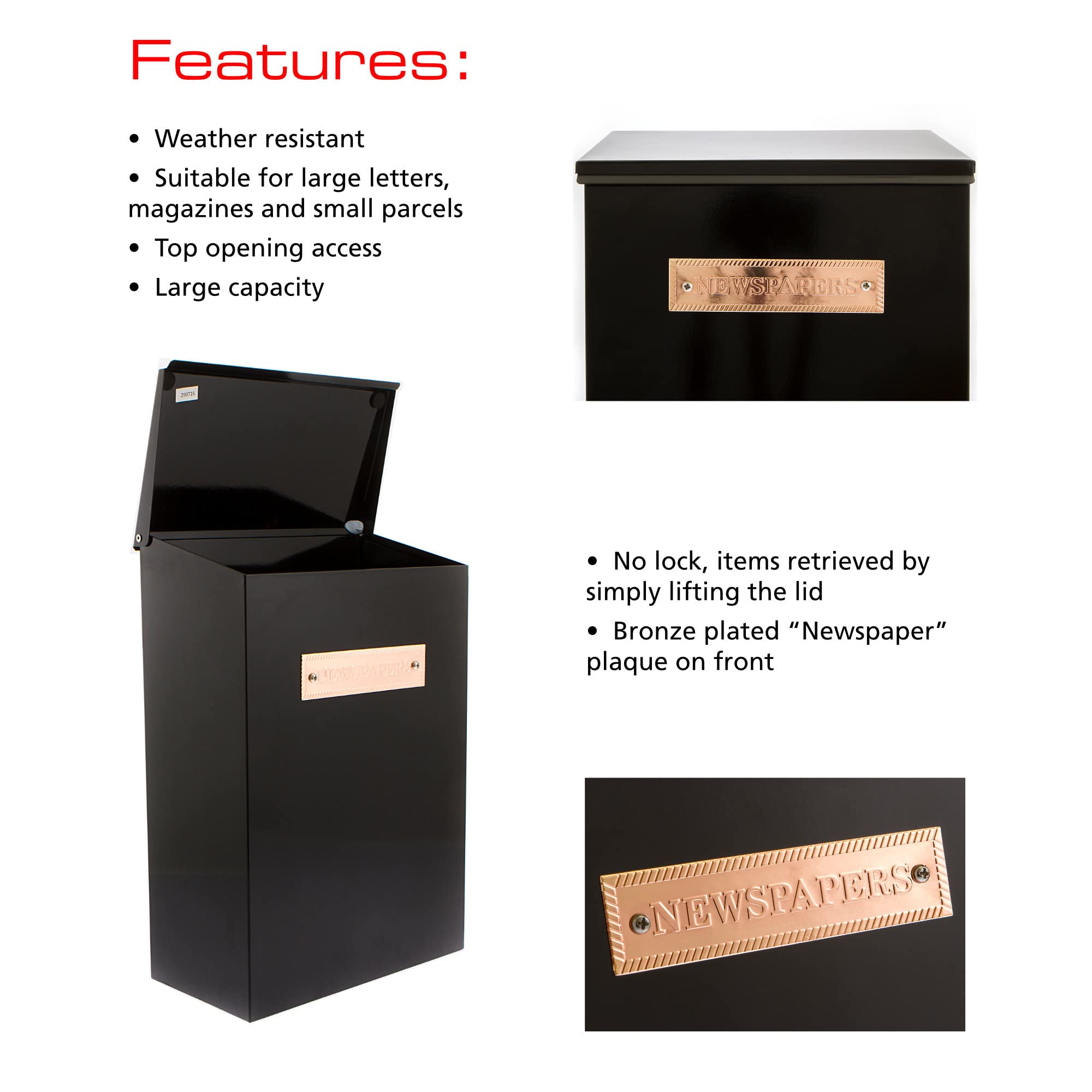 Premium Sterling Thames Steel Newspaper Box in Black - Durable Outdoor Newspaper Holder for Home, Office, or Business Use