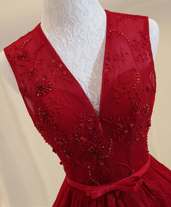 Elegant Burgundy V-Neck Lace Long Prom Dress for Women - Formal Evening Gown for Homecoming, Wedding, and Special Occasions