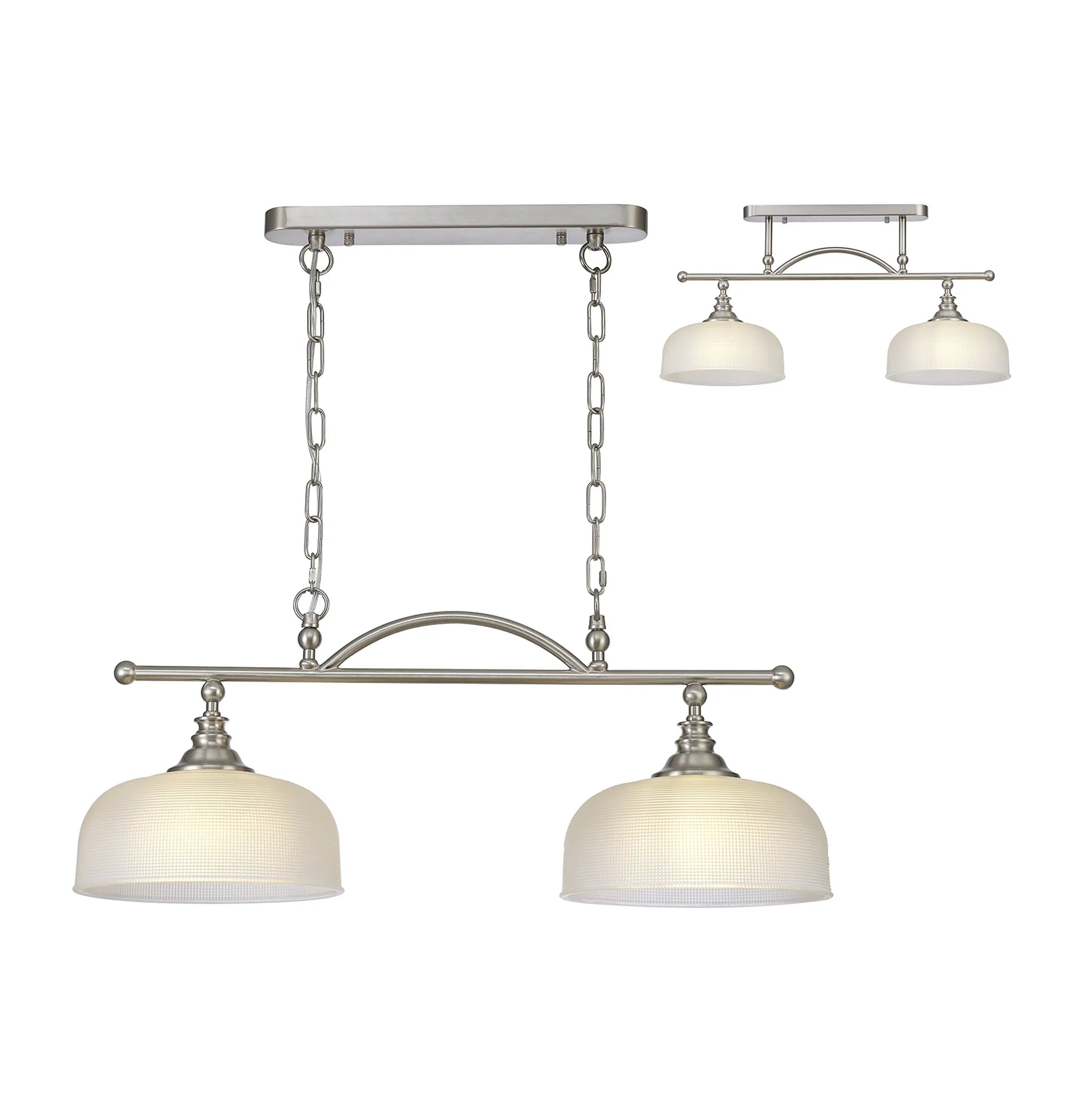 Cleron Semi Flush Mount Ceiling Light - Adjustable 2/3 Light Kitchen Lighting Fixture with E27 Socket in Satin Nickel, Polished Nickel & Antique Brass Finish - Prismatic Glass Shade for Dining Room, Bedroom or Hallway Lighting