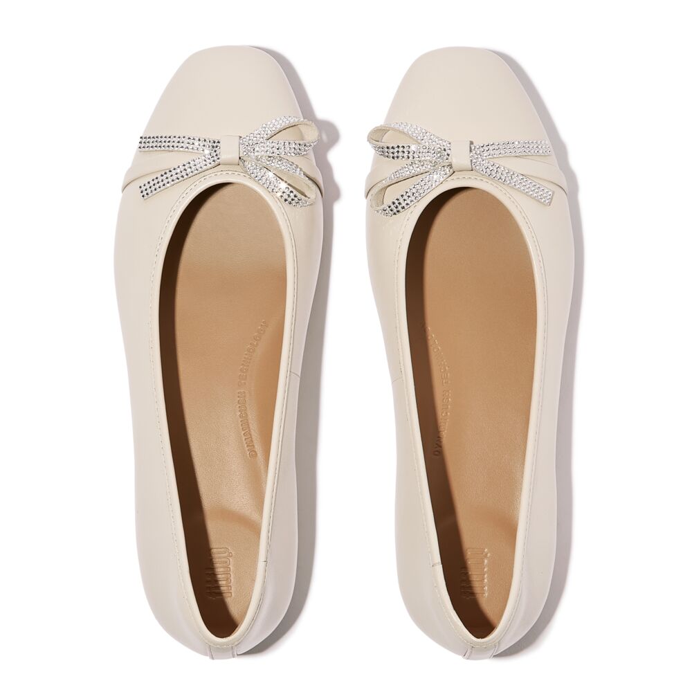 FitFlop Delicato Glitz Bow Leather Ballet Flats for Women - Comfortable & Stylish Paris Beige Shoes | Perfect for Work, Travel & Casual Outfits