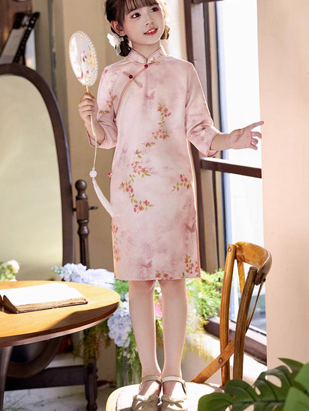 Pink Floral Suede Cheongsam Dress for Girls | Traditional Chinese Qipao Winter Dress | Perfect for Chinese New Year, Holiday Parties & Cultural Events