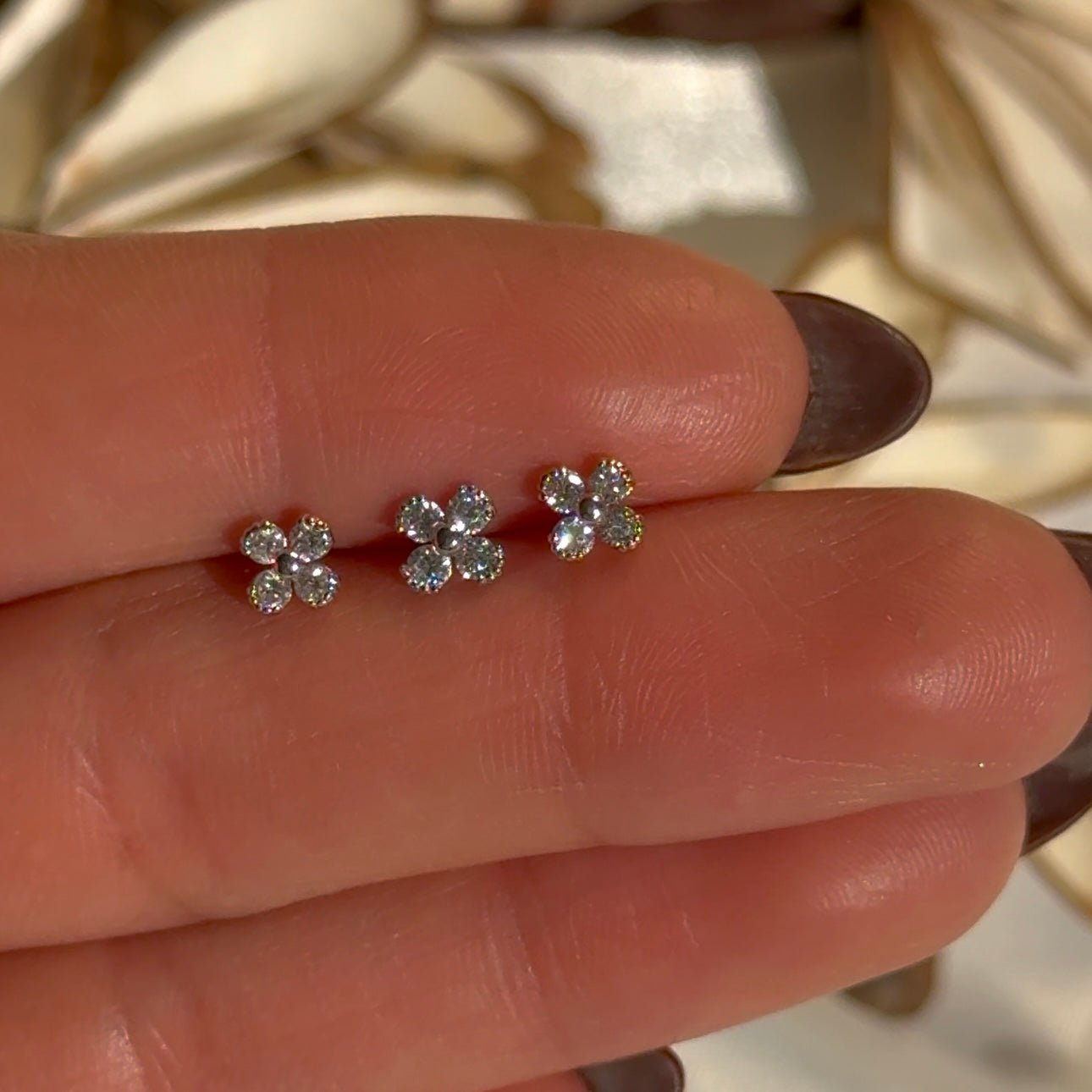 14k White Gold Beaded Four Petal Flower Diamond Flat Back Stud Earrings for Women - Perfect for Weddings, Parties & Everyday Elegant Wear