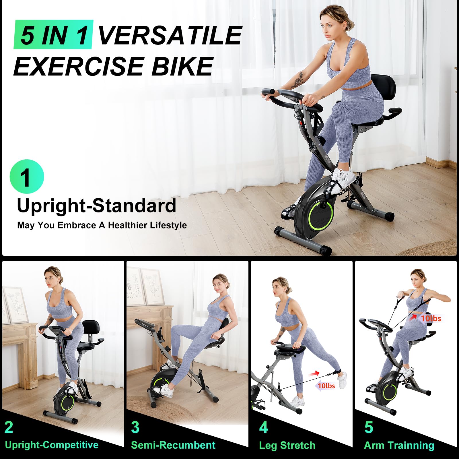 2025 Foldable Exercise Bike - 5-in-1 Indoor Cycling Bike with 16-Level Magnetic Resistance, 6.6 LBS Flywheel & 300LBS Capacity | Home Workout Equipment for Cardio, Strength Training & Small Spaces