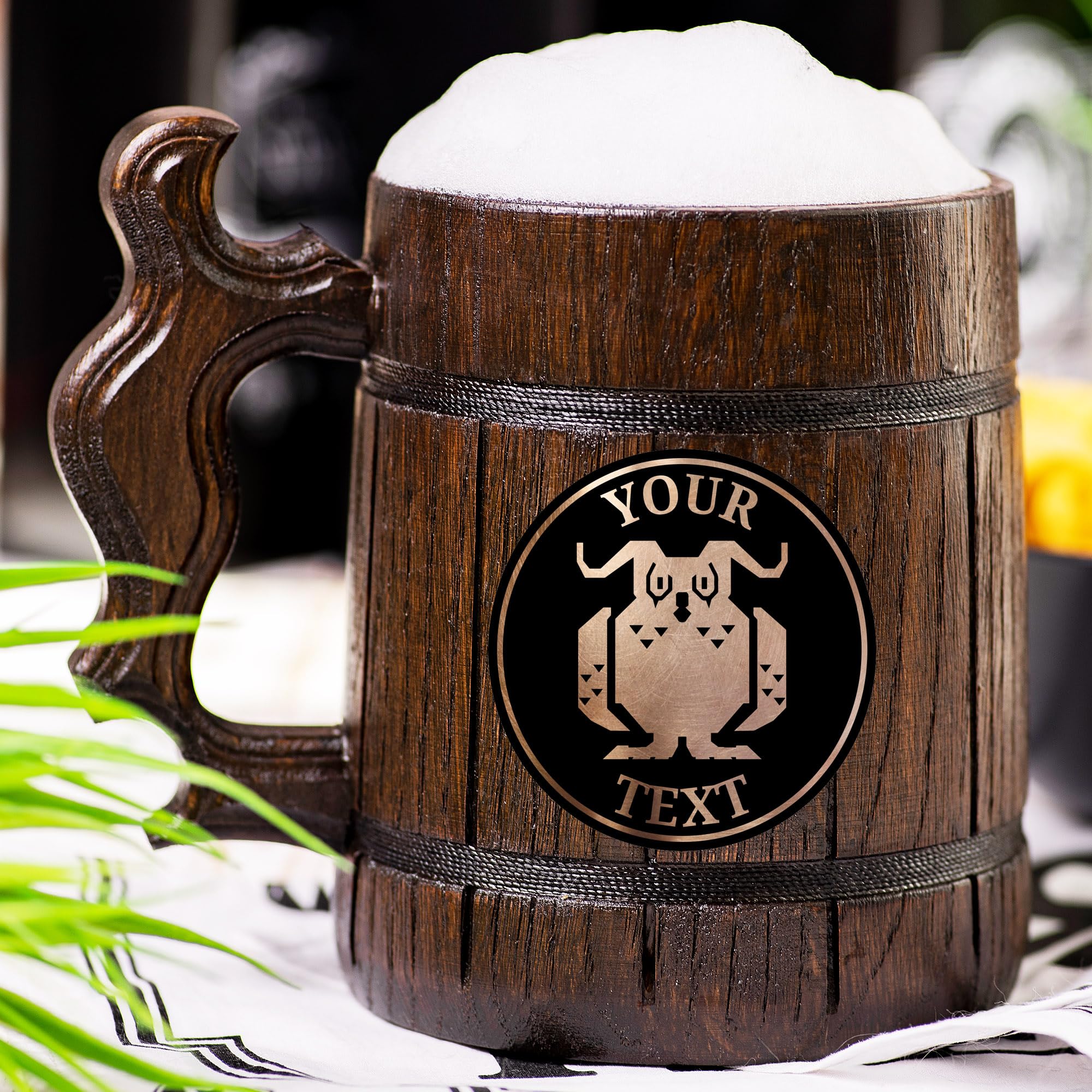 MHW World Wilds Malfestio Custom Beer Mug - Personalized Stein & Wooden Tankard - Unique Gamer Gift for Men, Dad, Father - Perfect for Anniversary, Birthday & Wedding - Great for Gaming Parties & Collectors Display