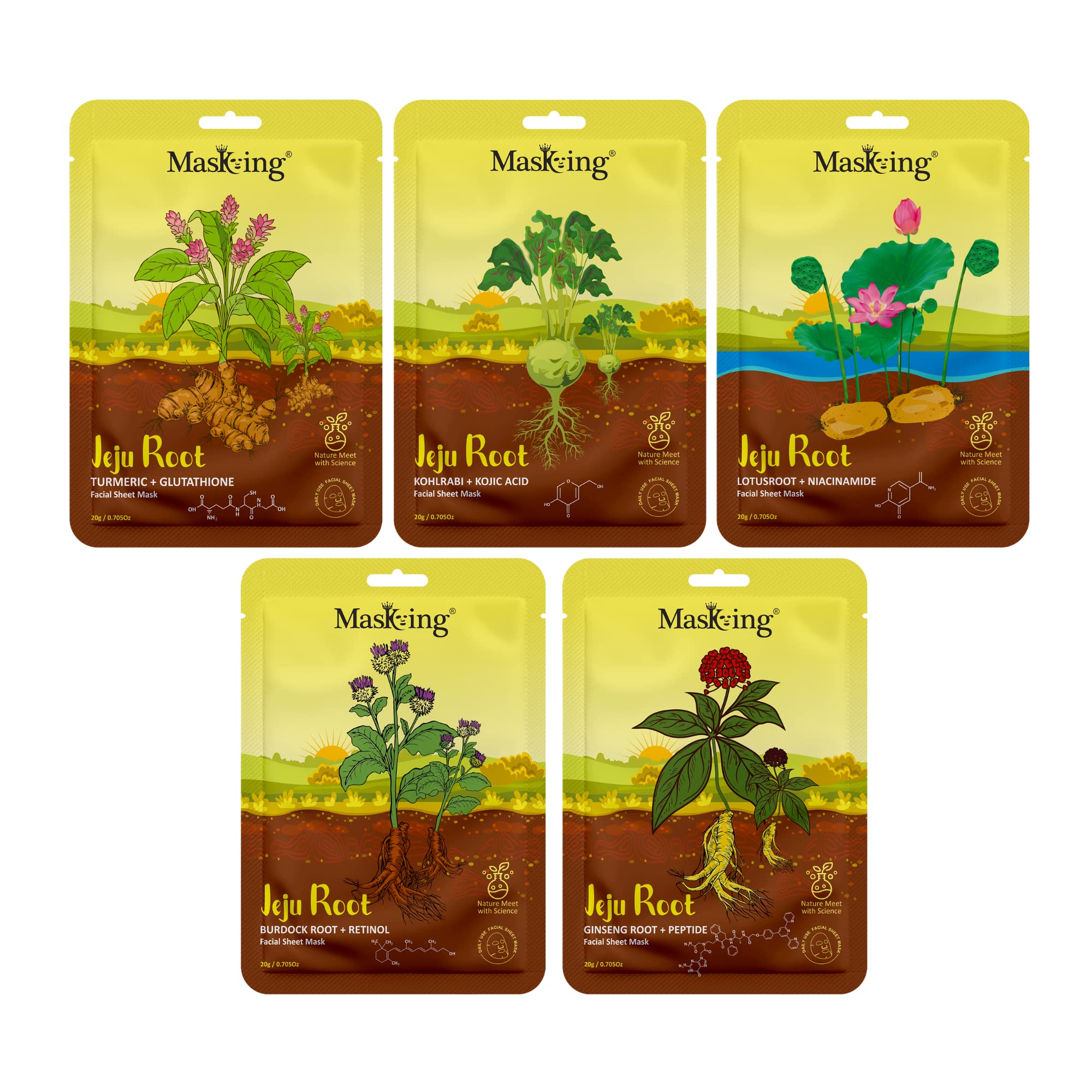 Jeju Root Face Mask for Skin Inflammation - Hydrating & Brightening Sheet Mask for Men & Women (5 Pack) | Soothe Redness & Boost Radiance for Daily Skincare & Spa Nights