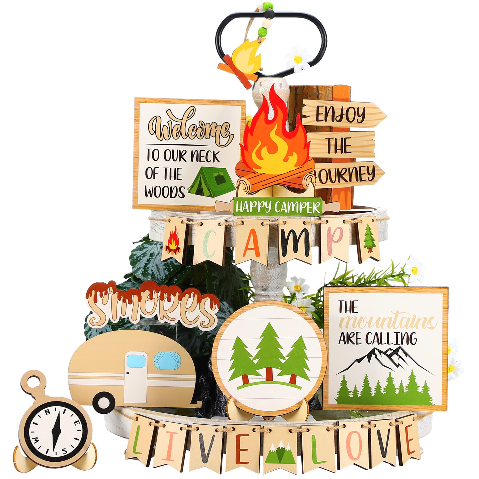 25-Piece Camping Tiered Tray Decor Set - Rustic Wooden Smores Tray with Farmhouse Signs - Perfect for Camping Parties, Campfire Barbecues & Rustic Kitchen Decorations - Great for Outdoor Gatherings and Cozy Home Displays