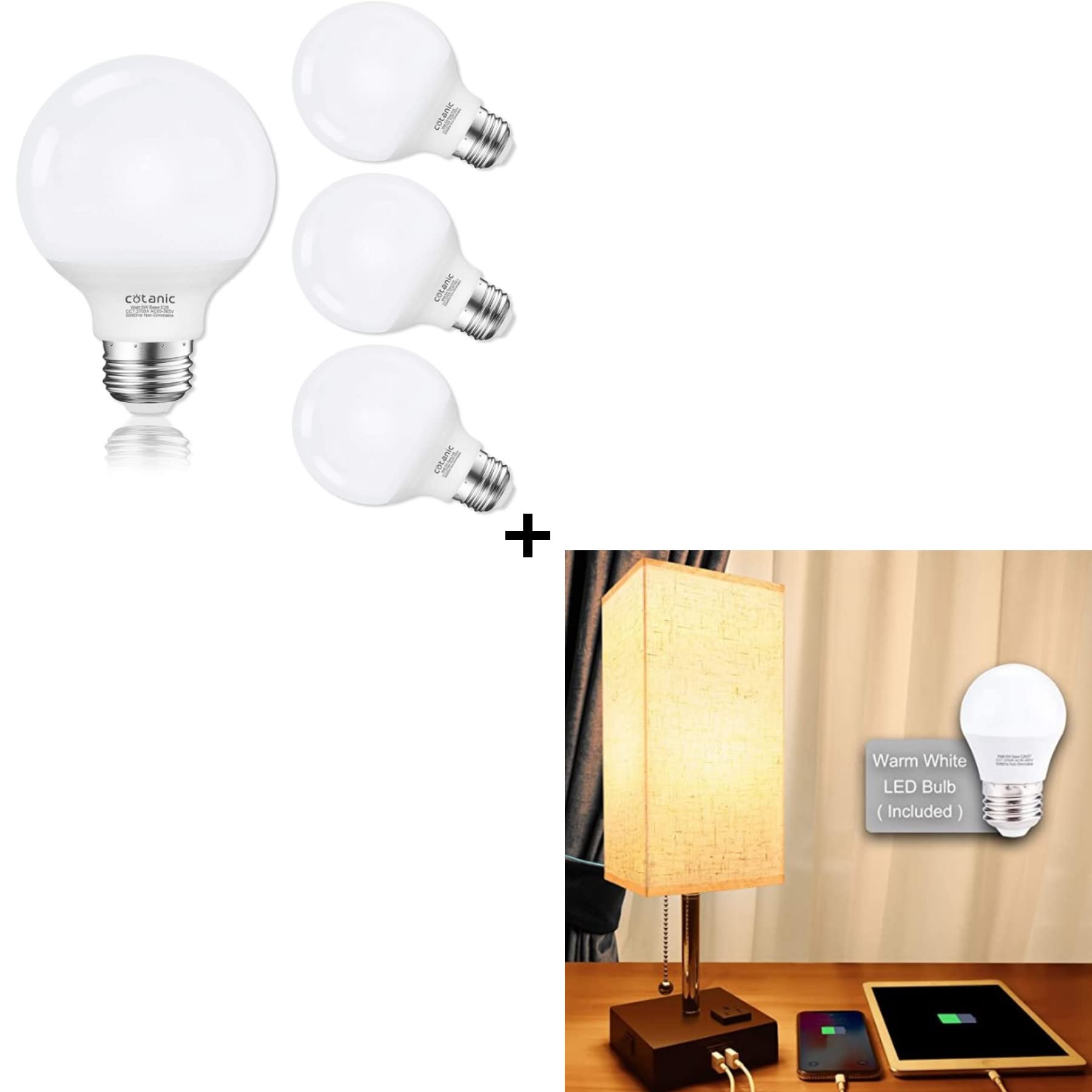4-Pack G25 LED Vanity Light Bulbs 2700K Warm White, 500LM, E26 Base, 5W Non-Dimmable + Modern Minimalist Bedside Table Lamp with USB Charging Port & Pull Chain - Perfect for Bedroom, Bathroom, Dressing Room & Nightstand Lighting
