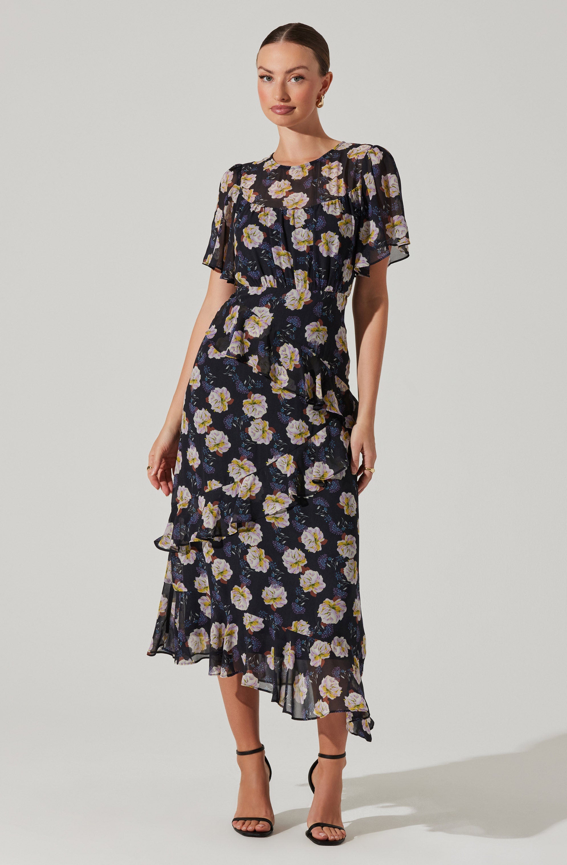 Floramae Floral Midi Dress for Women - Summer Boho Vintage Flowy Dress with Short Sleeves - Perfect for Beach Vacation, Garden Party & Date Night