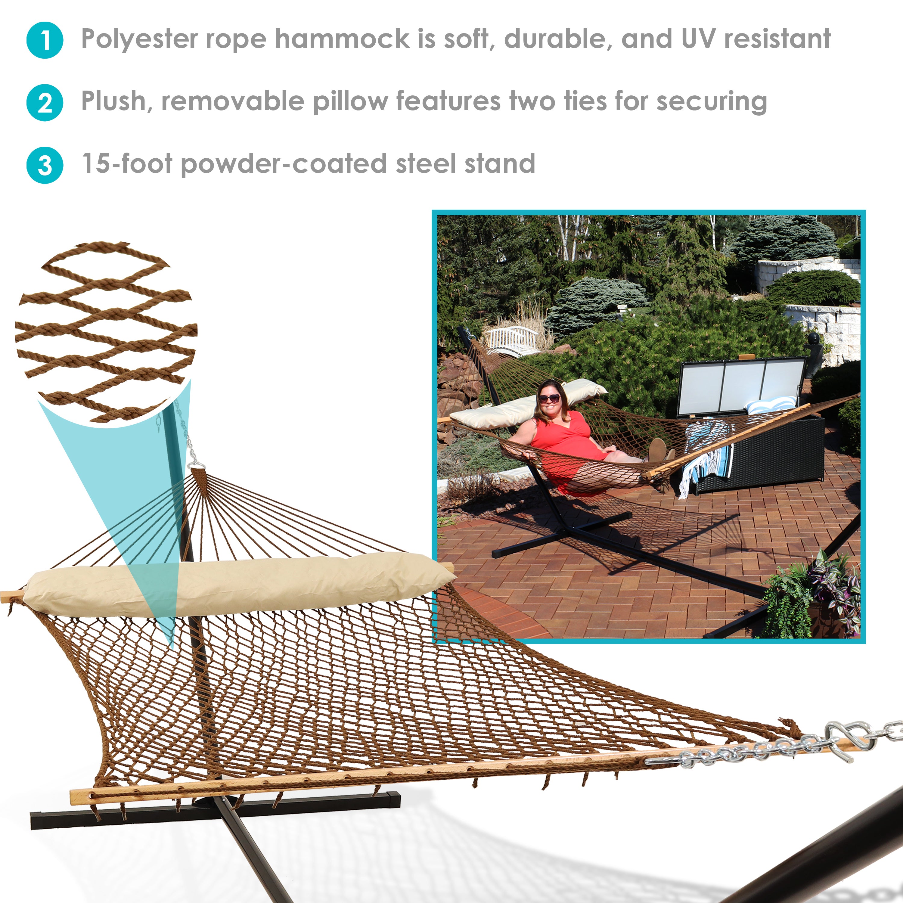 Premium Sunnydaze 2-Person Outdoor Hammock with 15ft Steel Stand - Durable Polyester Rope & Weather-Resistant Brown Fabric - Perfect for Backyard, Patio, Beach & Camping Relaxation